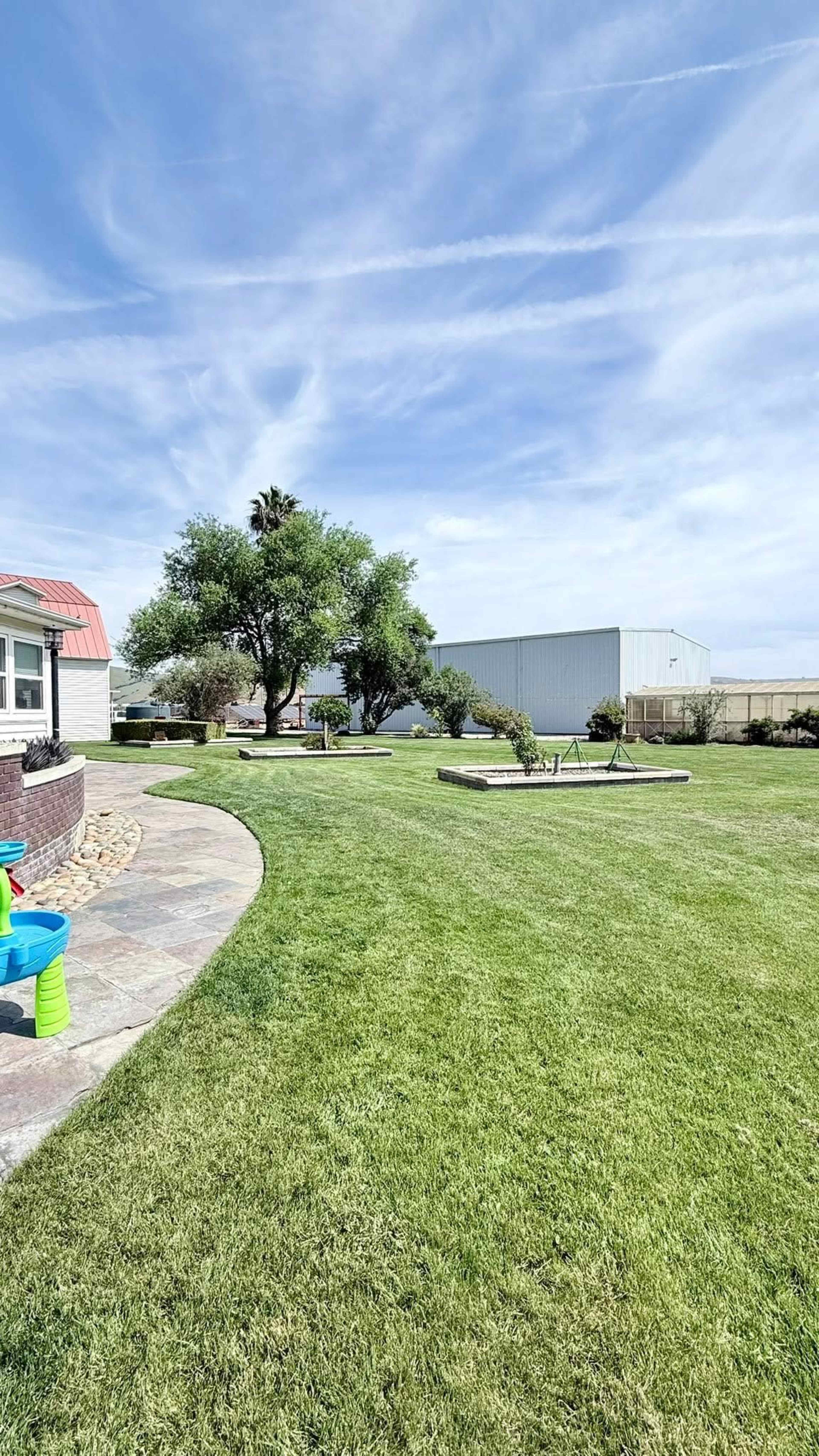 A spacious backyard features a neatly manicured lawn, a large tree, and a few structures in the background under a clear sky.