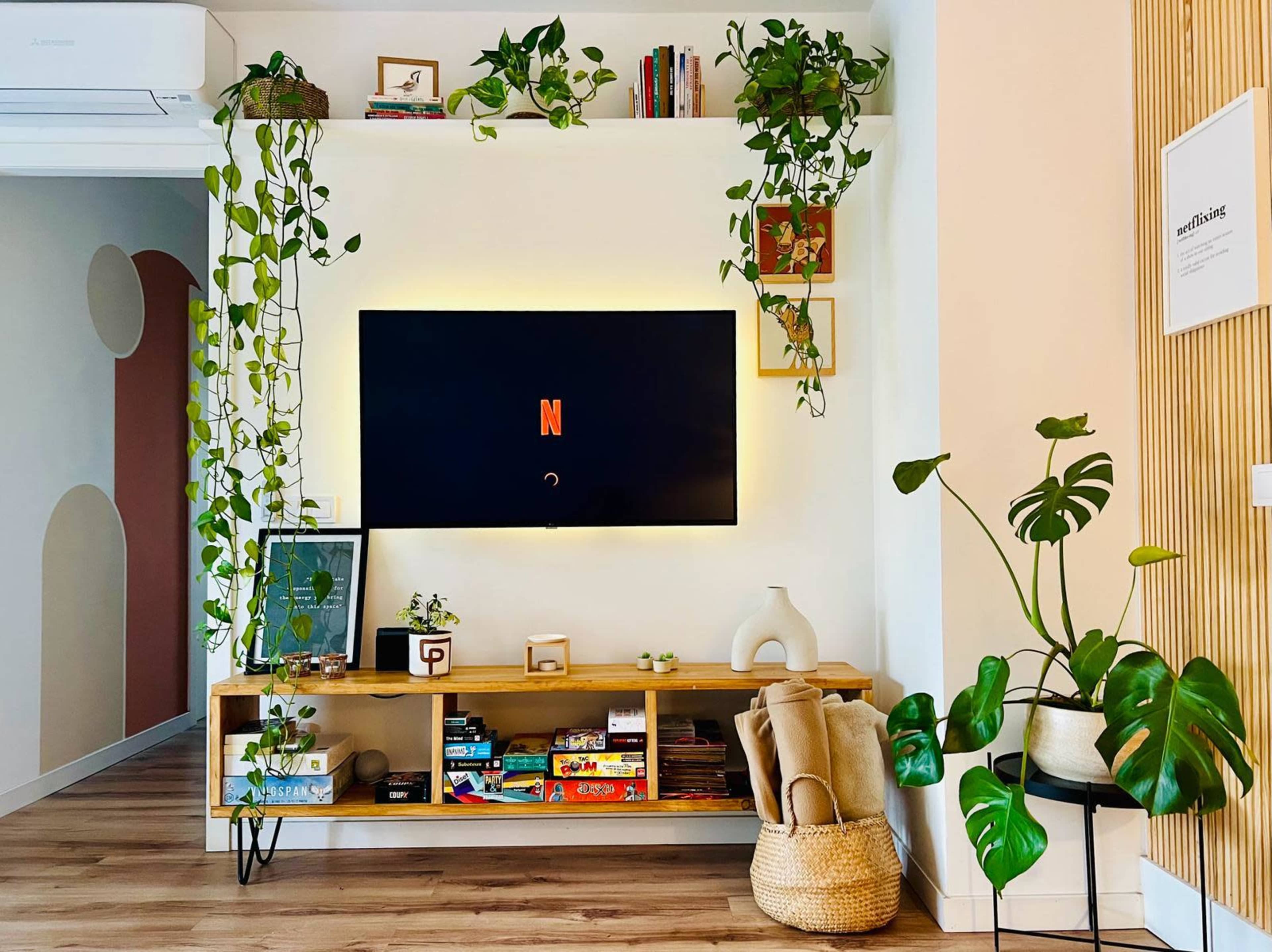 A living room features a wall-mounted TV displaying the Netflix logo, surrounded by shelves adorned with books and plants, along with a wooden TV stand displaying board games and decorative items.