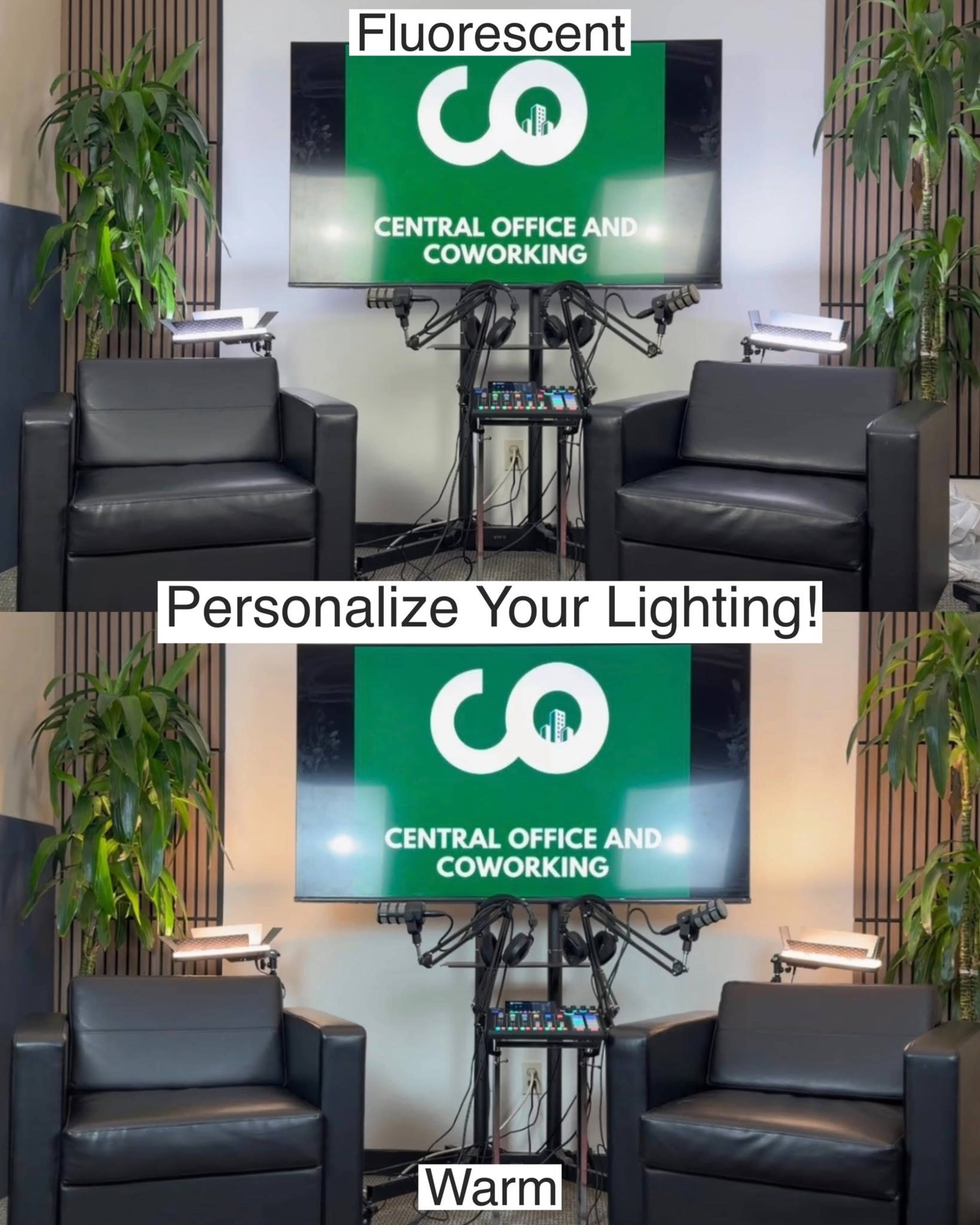 The image features two side-by-side views of a modern office space with black seating and a large screen displaying the text "Central Office and Coworking," with contrasting lighting labeled "Fluorescent" and "Warm."
