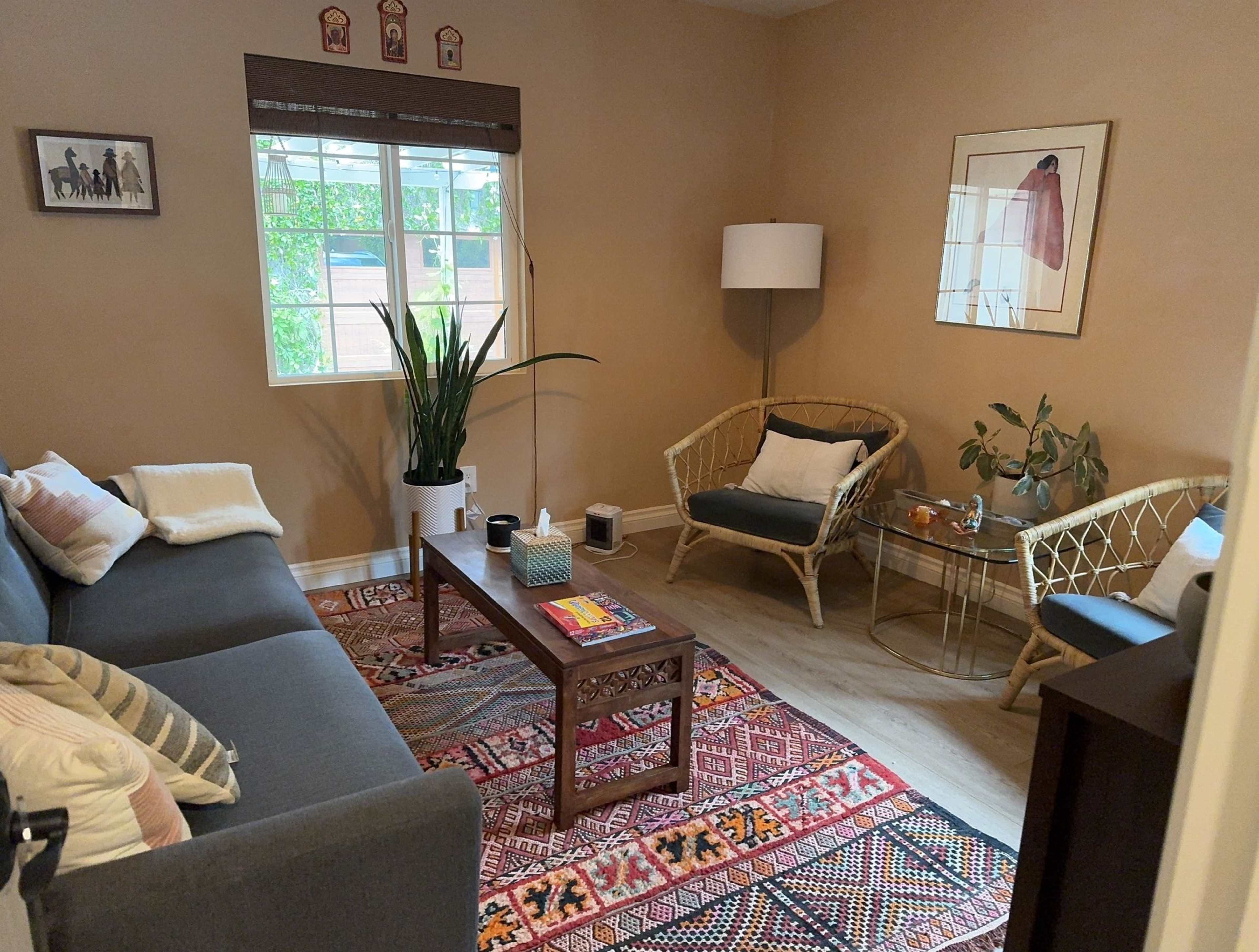 A cozy living room features a gray sofa, a wooden coffee table, a plant, and a light fixture, with artwork and a patterned rug complementing the space.