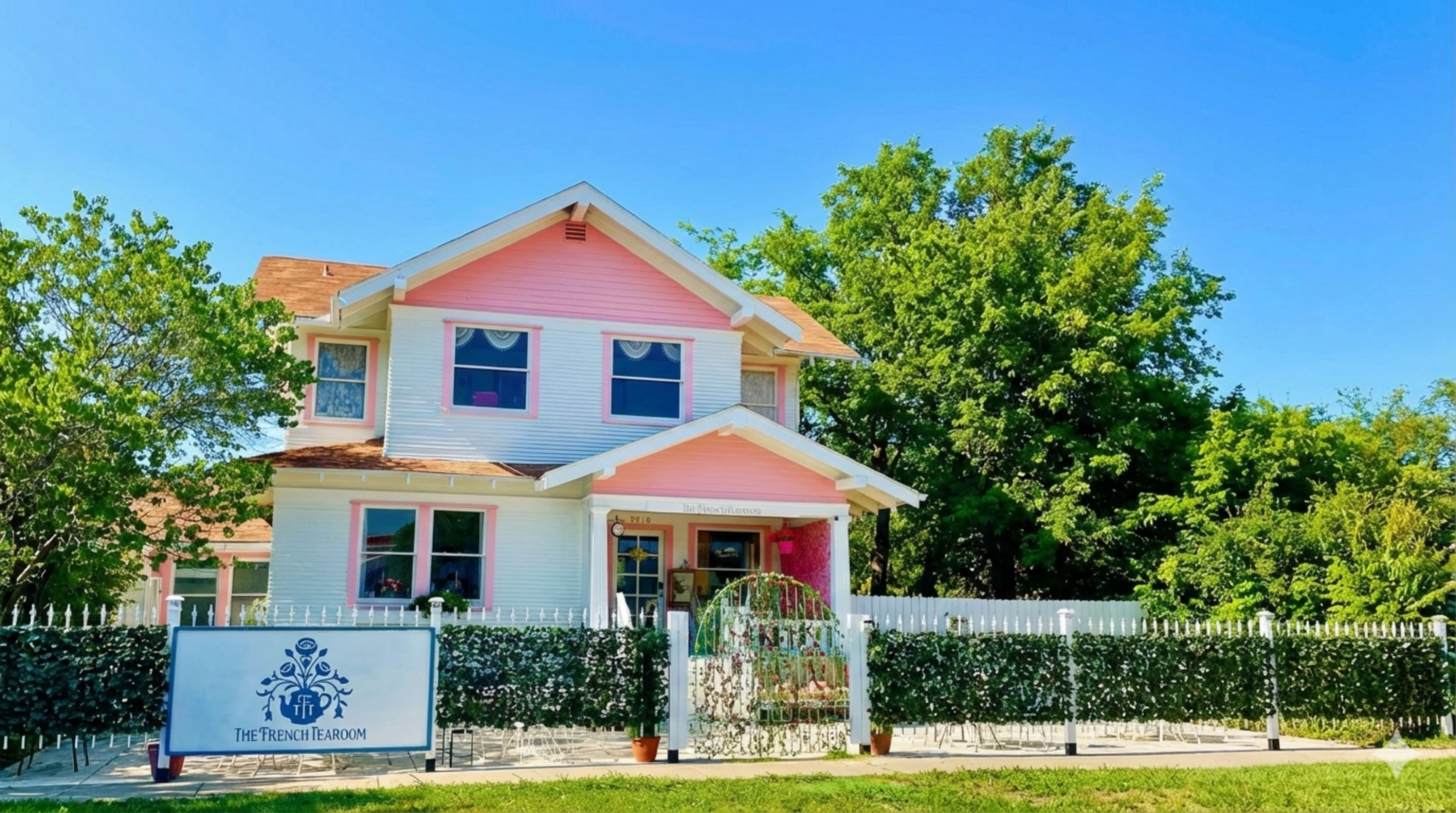 A two-story house with a pink and white facade, surrounded by a white picket fence and greenery, features a sign at the front that reads "The Penzance Brown."