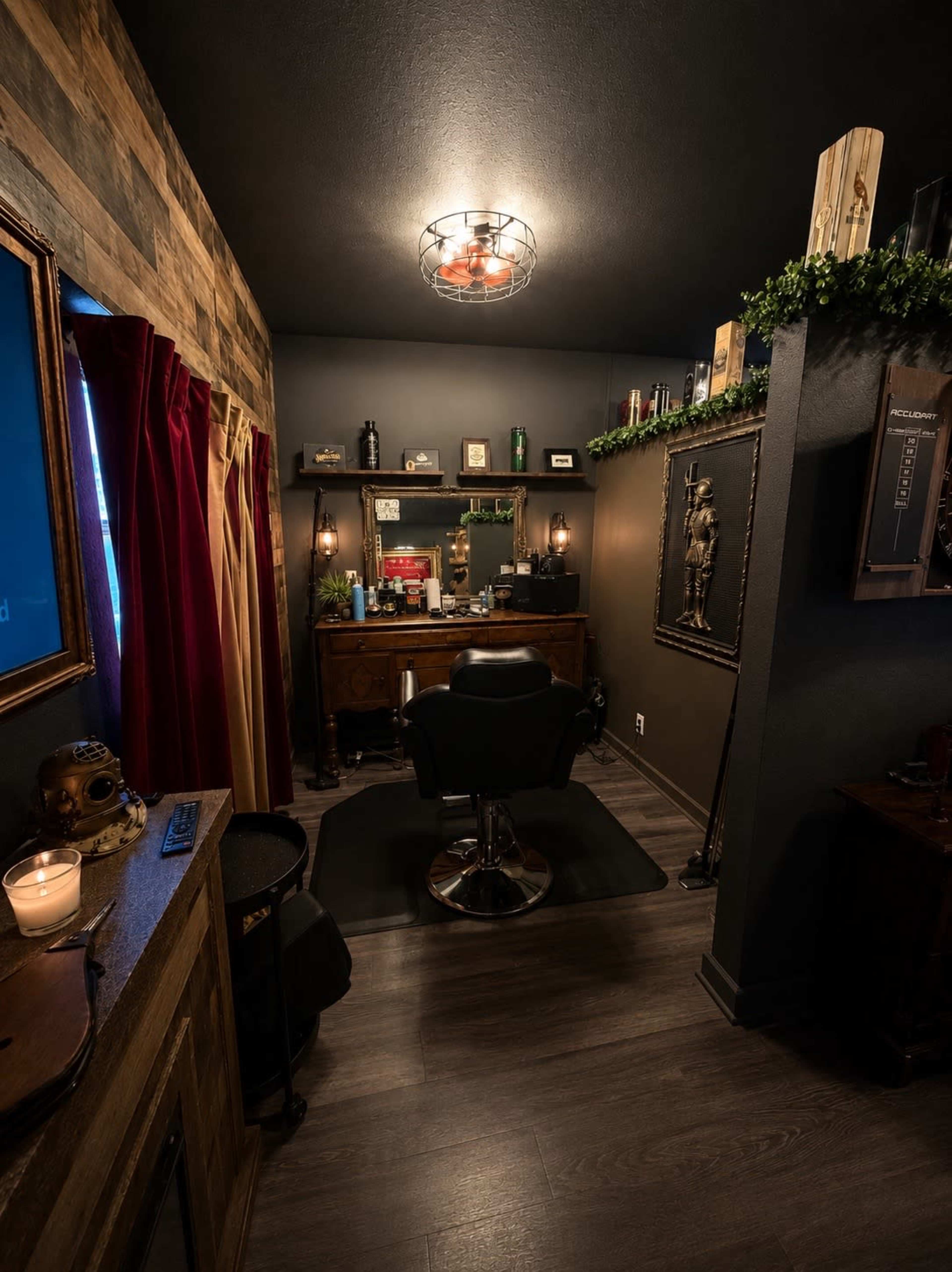 The image shows a dimly lit barbershop interior with wooden paneling, a vintage barber chair, and various grooming products displayed on shelves.