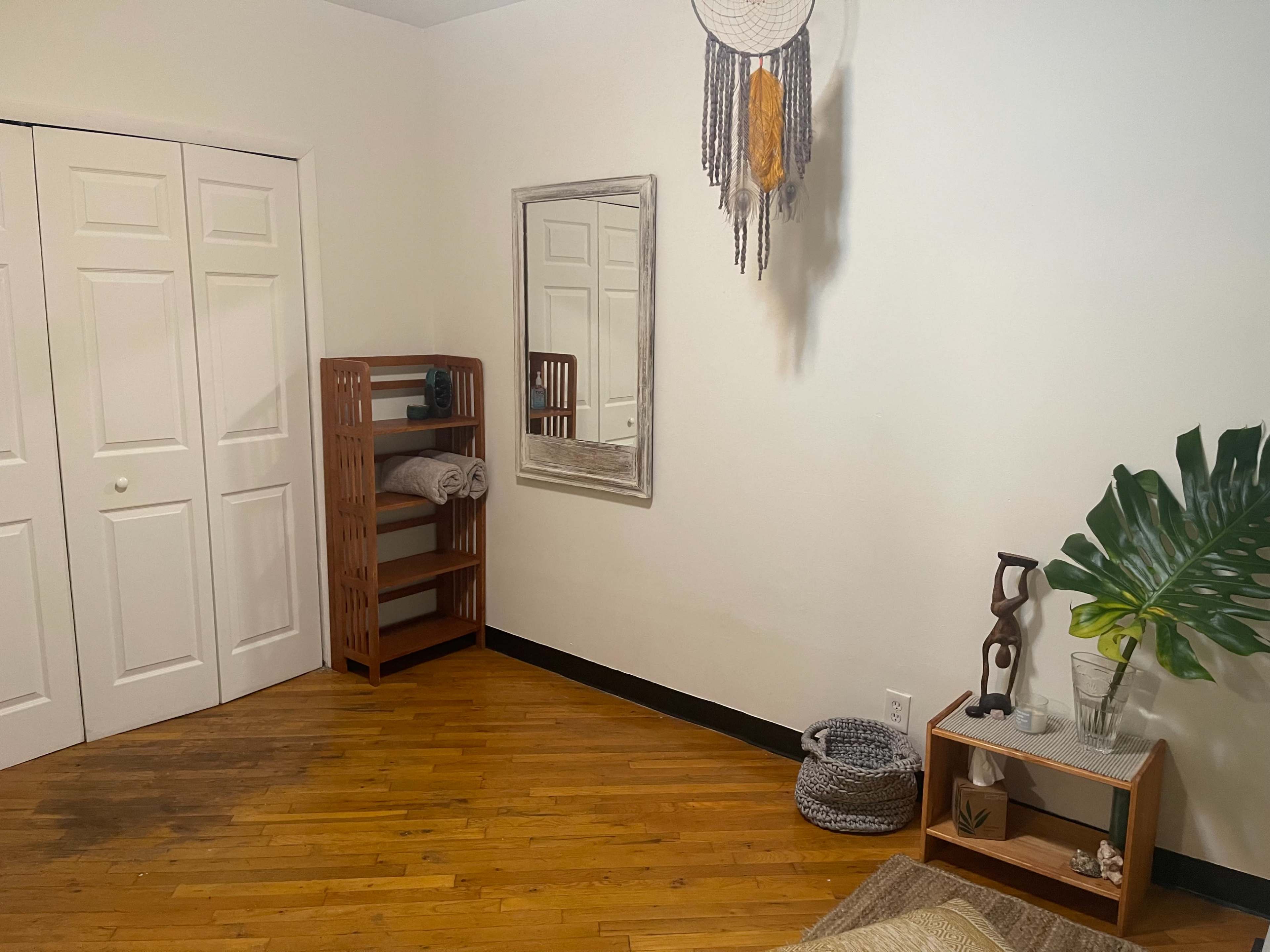 A minimalistic room with wooden flooring, a mirror on the wall, a shelf with neatly folded towels, and a large leaf plant in a corner.