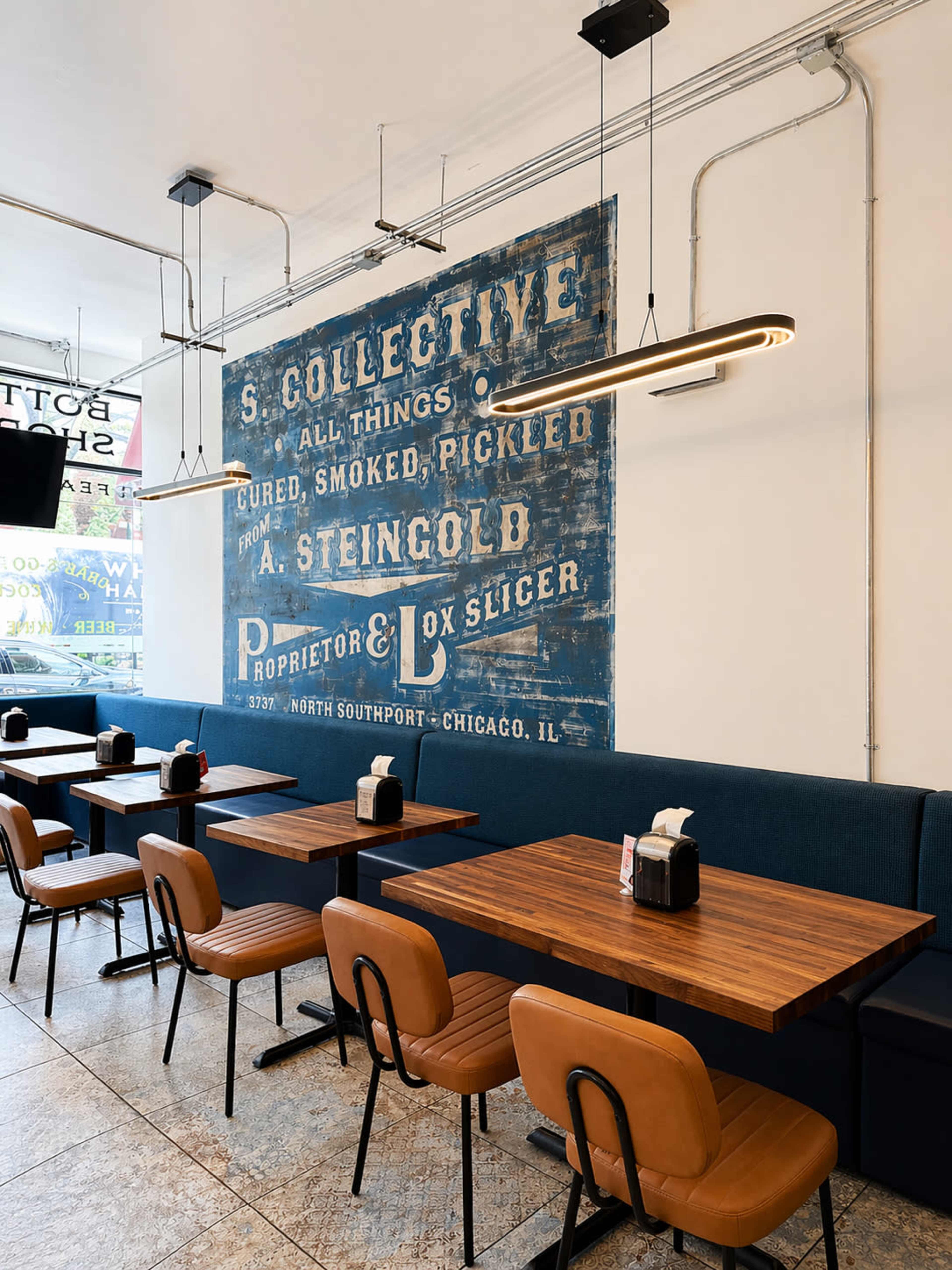 The image shows a modern cafe interior with wooden tables and leather chairs, featuring a prominent vintage-style mural on the back wall.