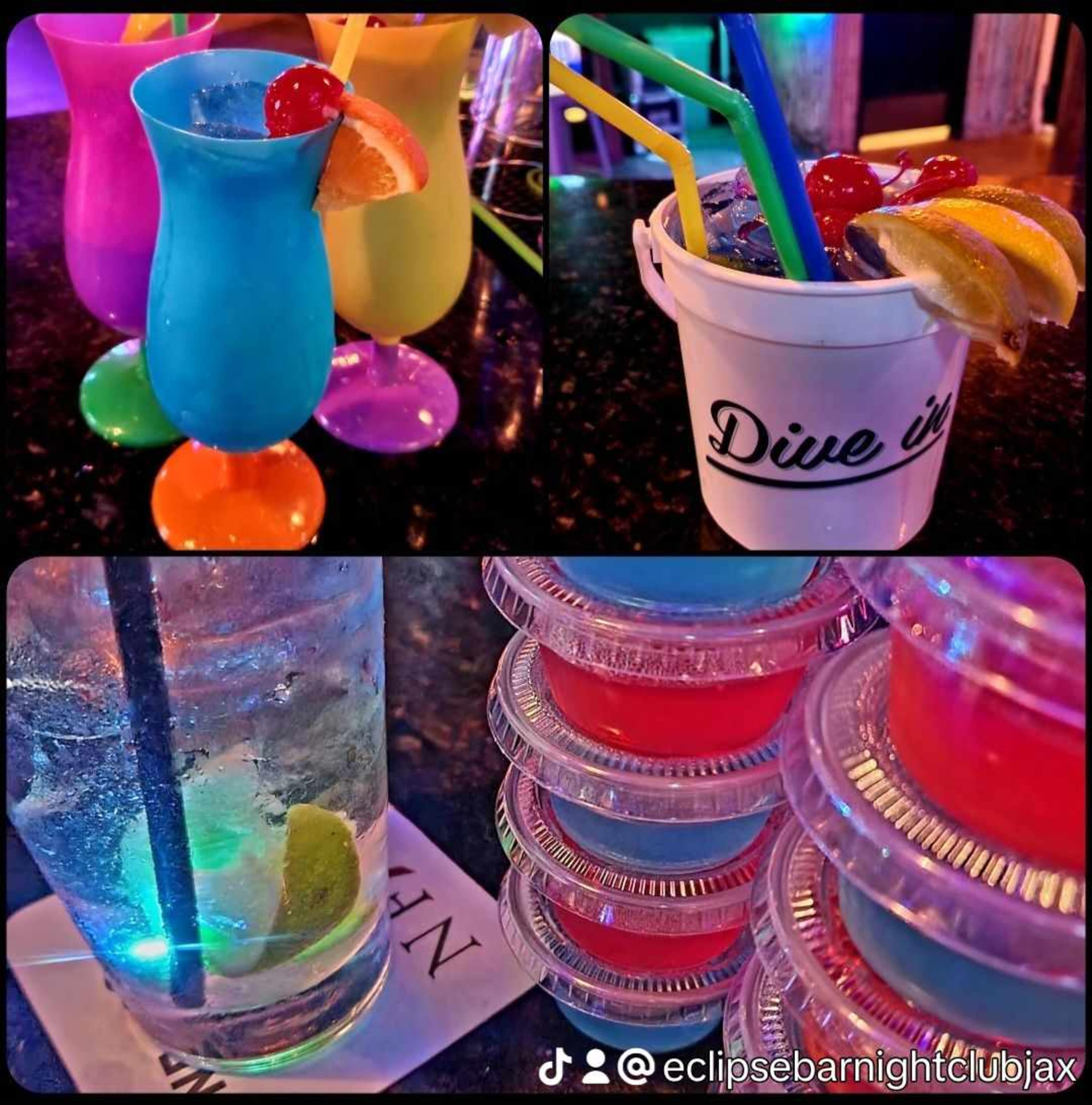 The image features colorful cocktails and themed drinks displayed at a bar, including vibrant cups, a bucket of drinks, and gelatin shots.