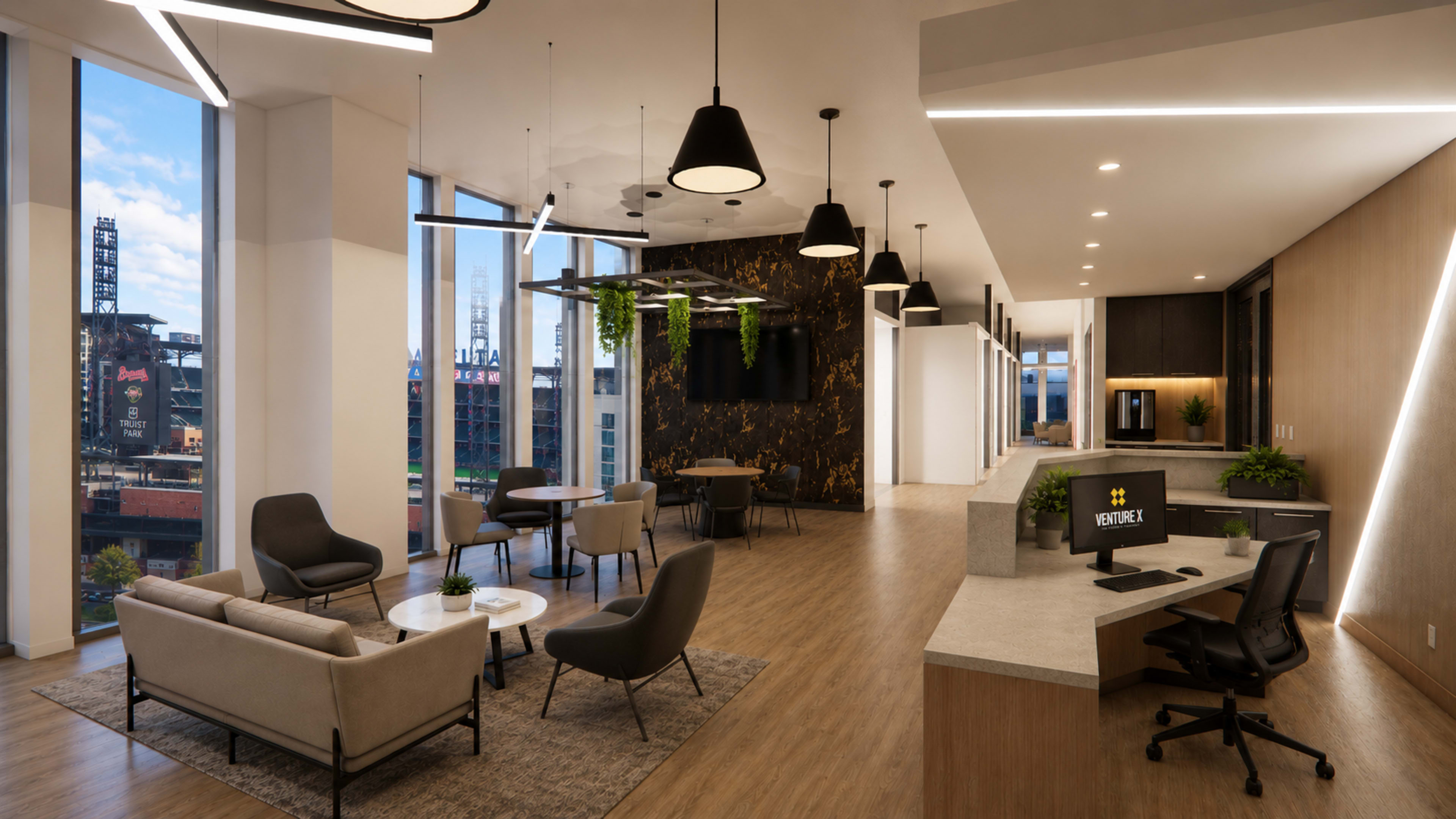 The image shows a modern office space with large windows, contemporary furniture, and a reception area.