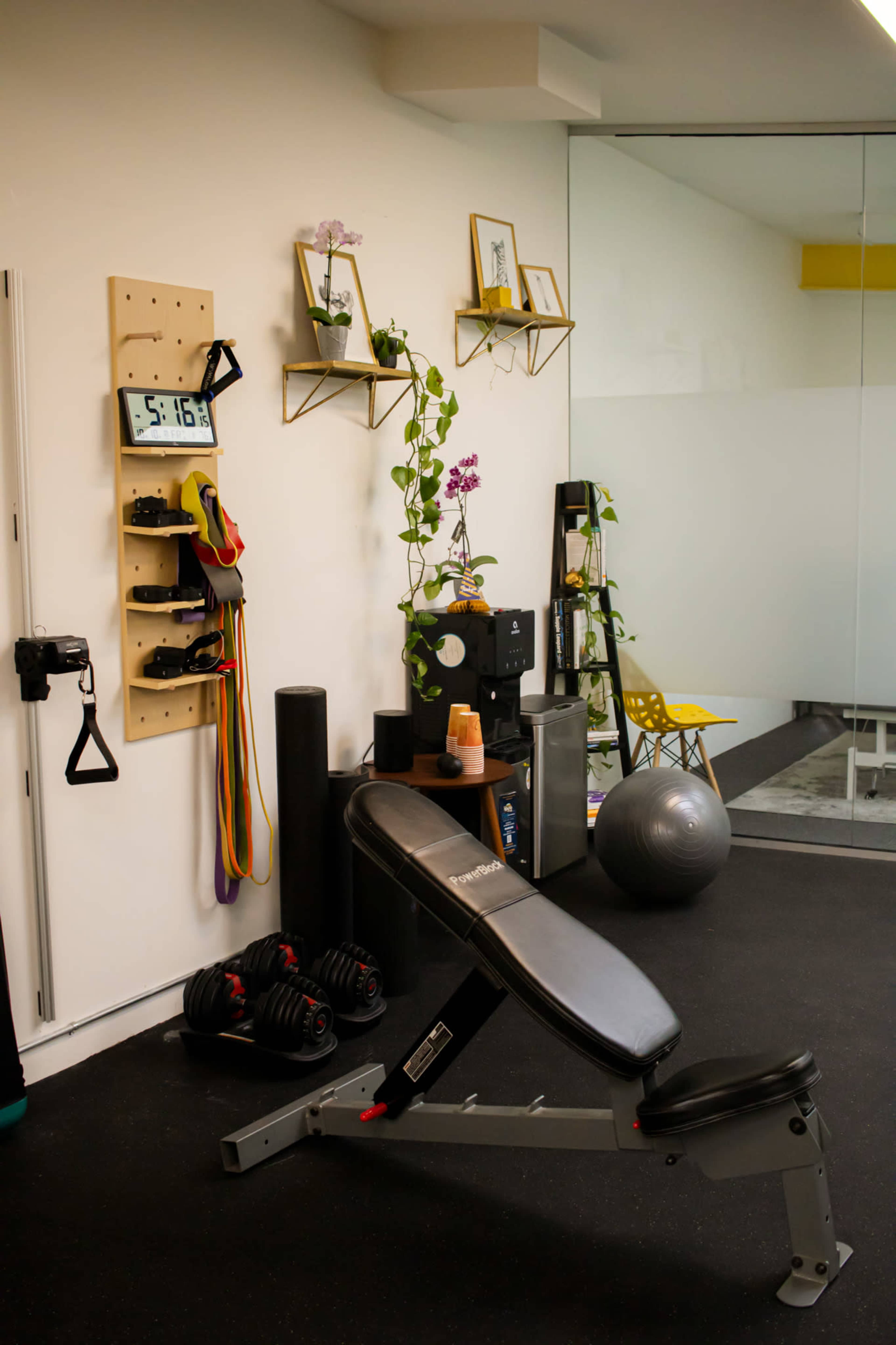 The image shows a neatly organized home gym setup with a weight bench, dumbbells, and exercise accessories on a wall-mounted pegboard.