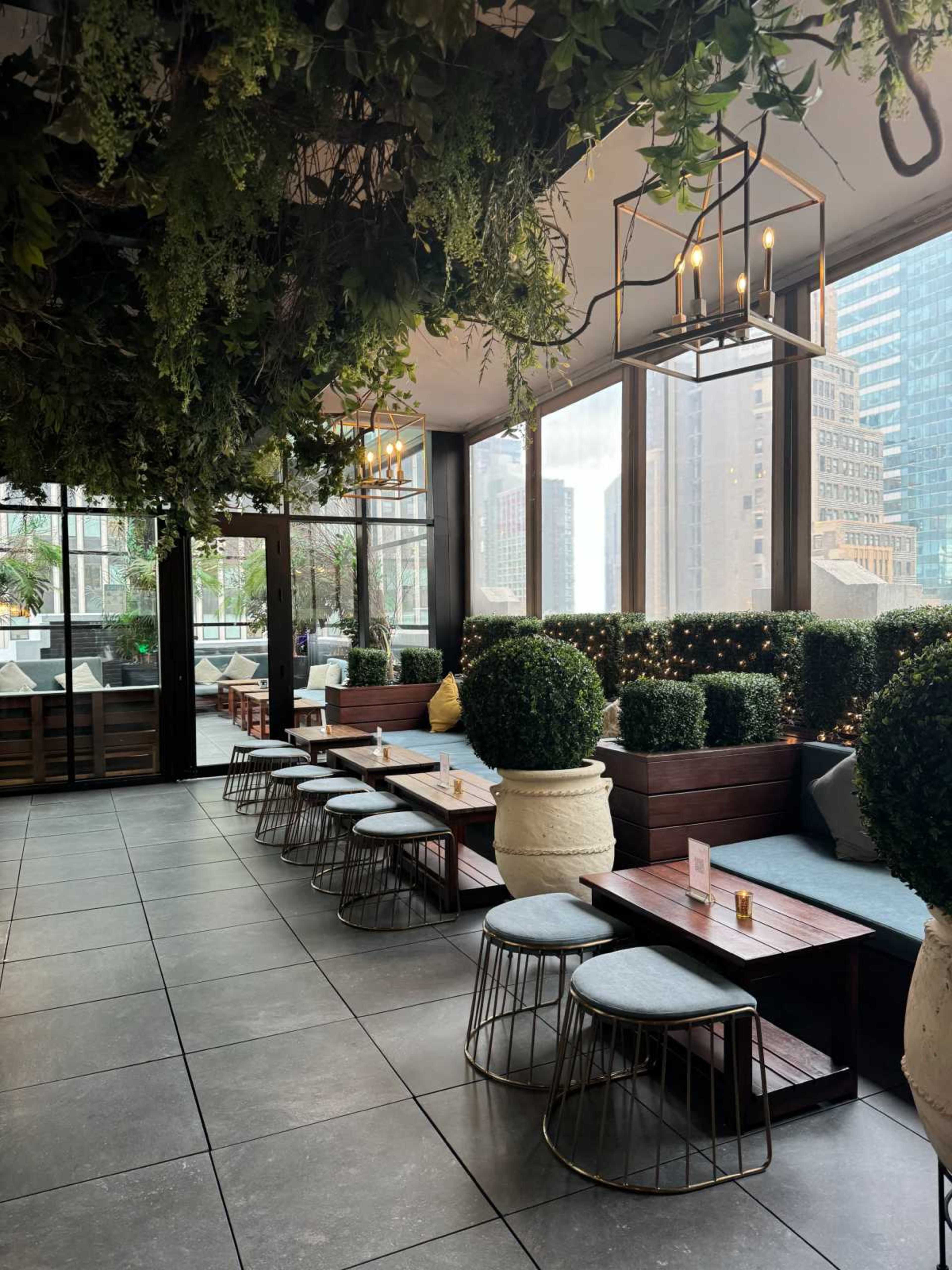The image shows a modern indoor seating area with greenery overhead, wooden tables, and circular metal chairs, overlooking a cityscape through large windows.