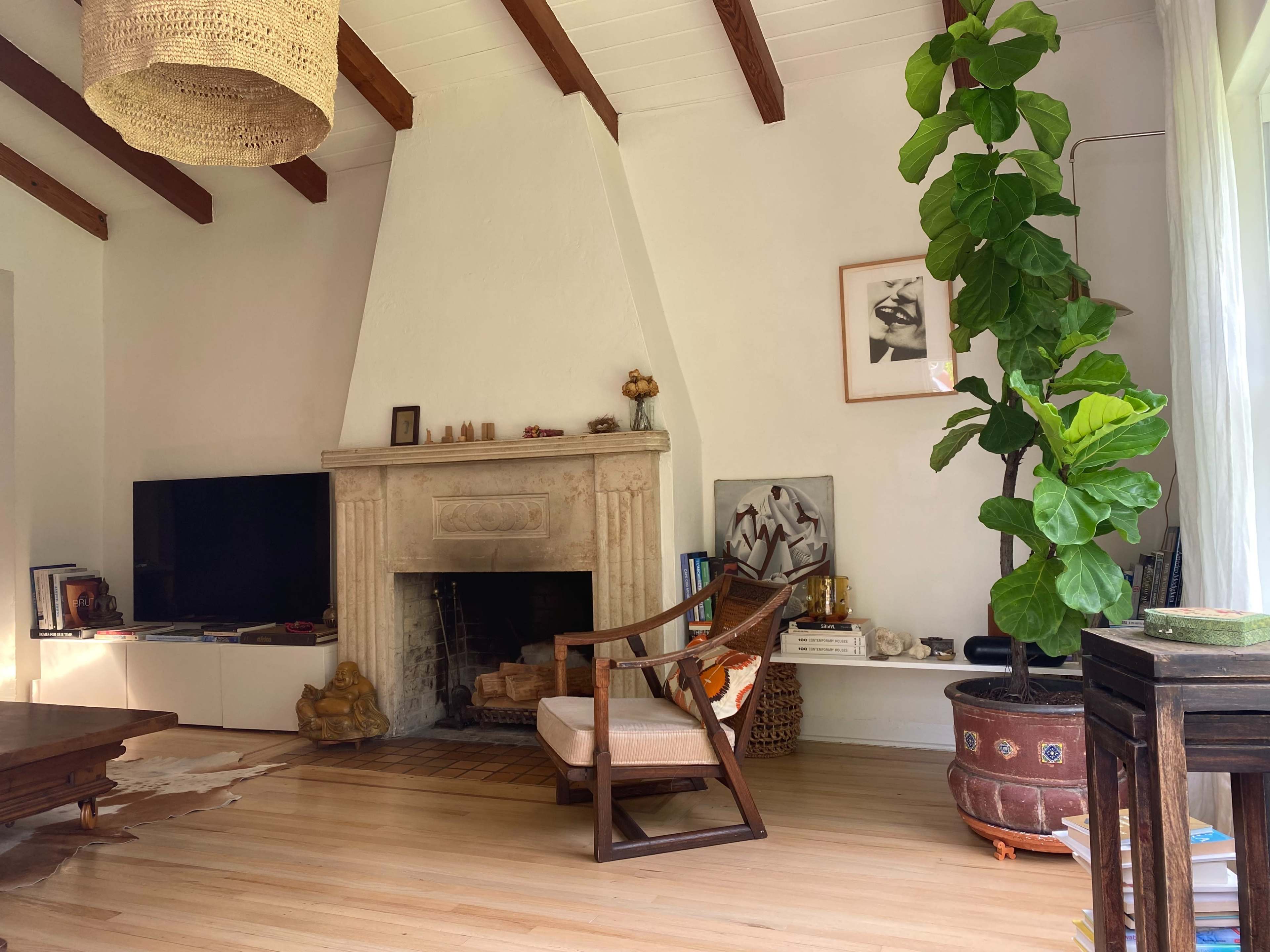 The image shows a living room with a stone fireplace, a television, a large indoor plant, and wooden beams on the ceiling.
