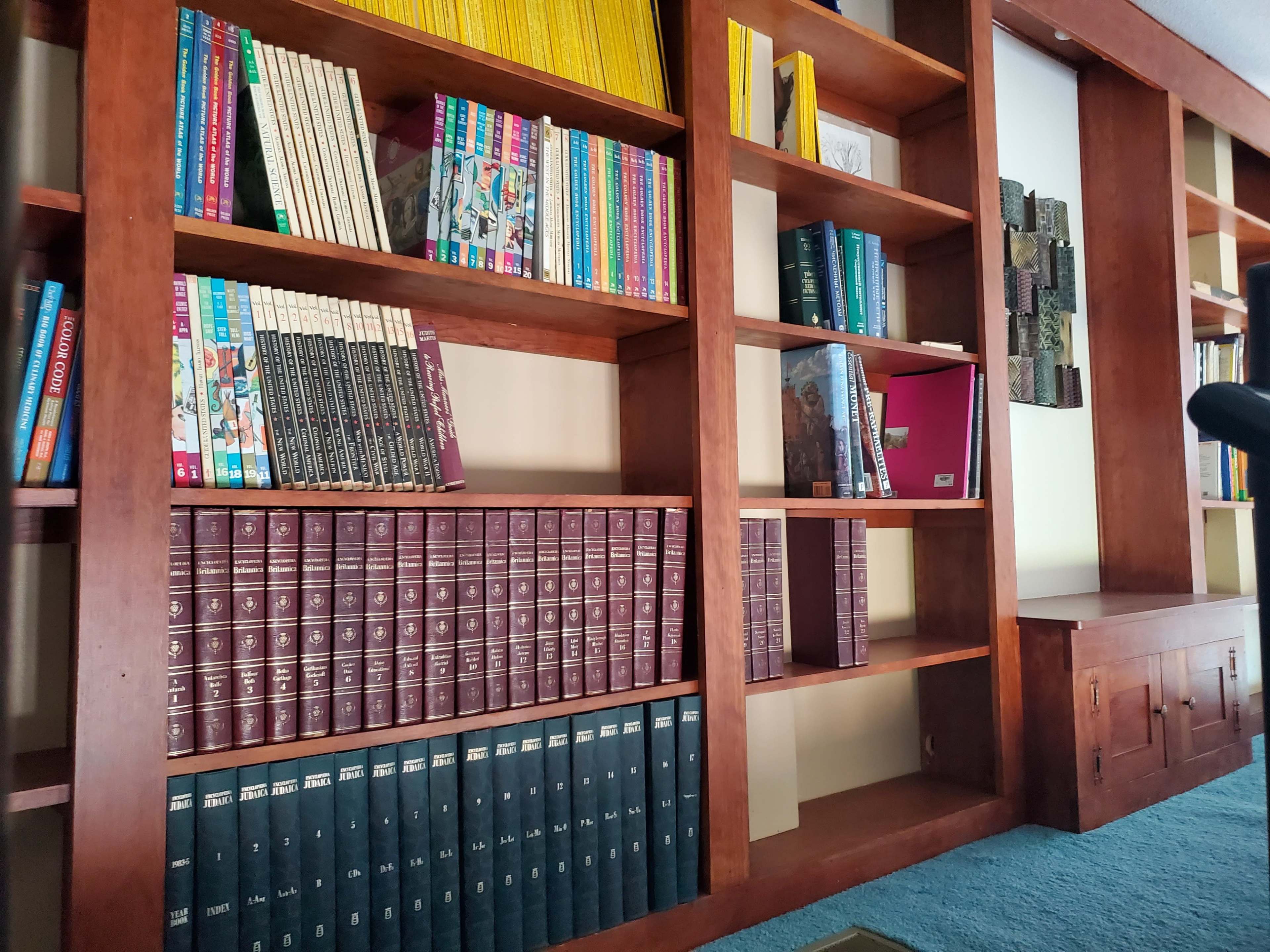A wooden bookshelf filled with various rows of books, including colorful spines and a collection of bound volumes.