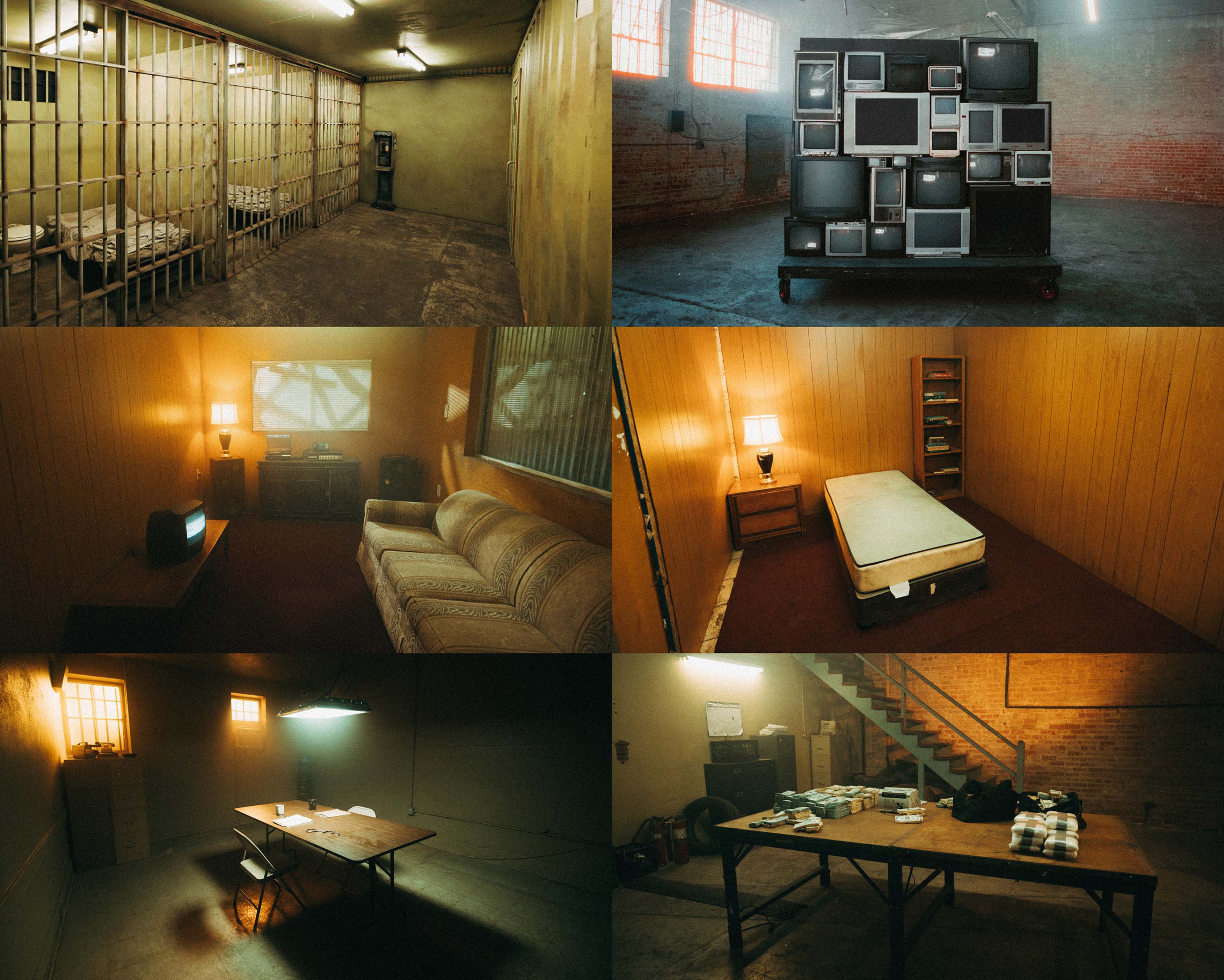 The image features a collection of rooms with stark, industrial designs, including a cell-like space with metal bars, a living area with a couch and television, a bare mattress in a room, and a workspace with tables and scattered items.