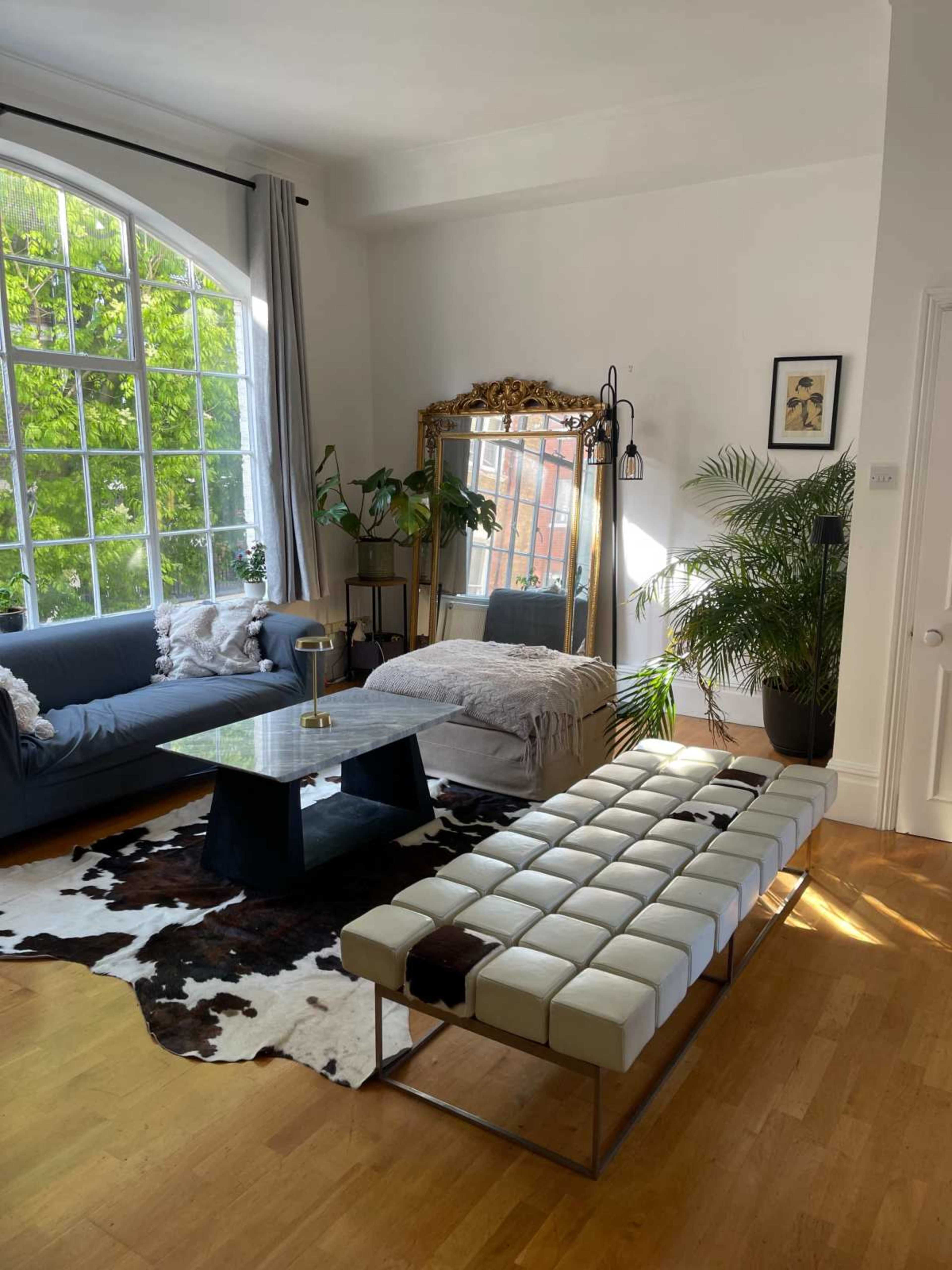 The image shows a bright living room featuring a large window, a sofa, a coffee table, a decorative mirror, and potted plants, all on a wooden floor with a cowhide rug.