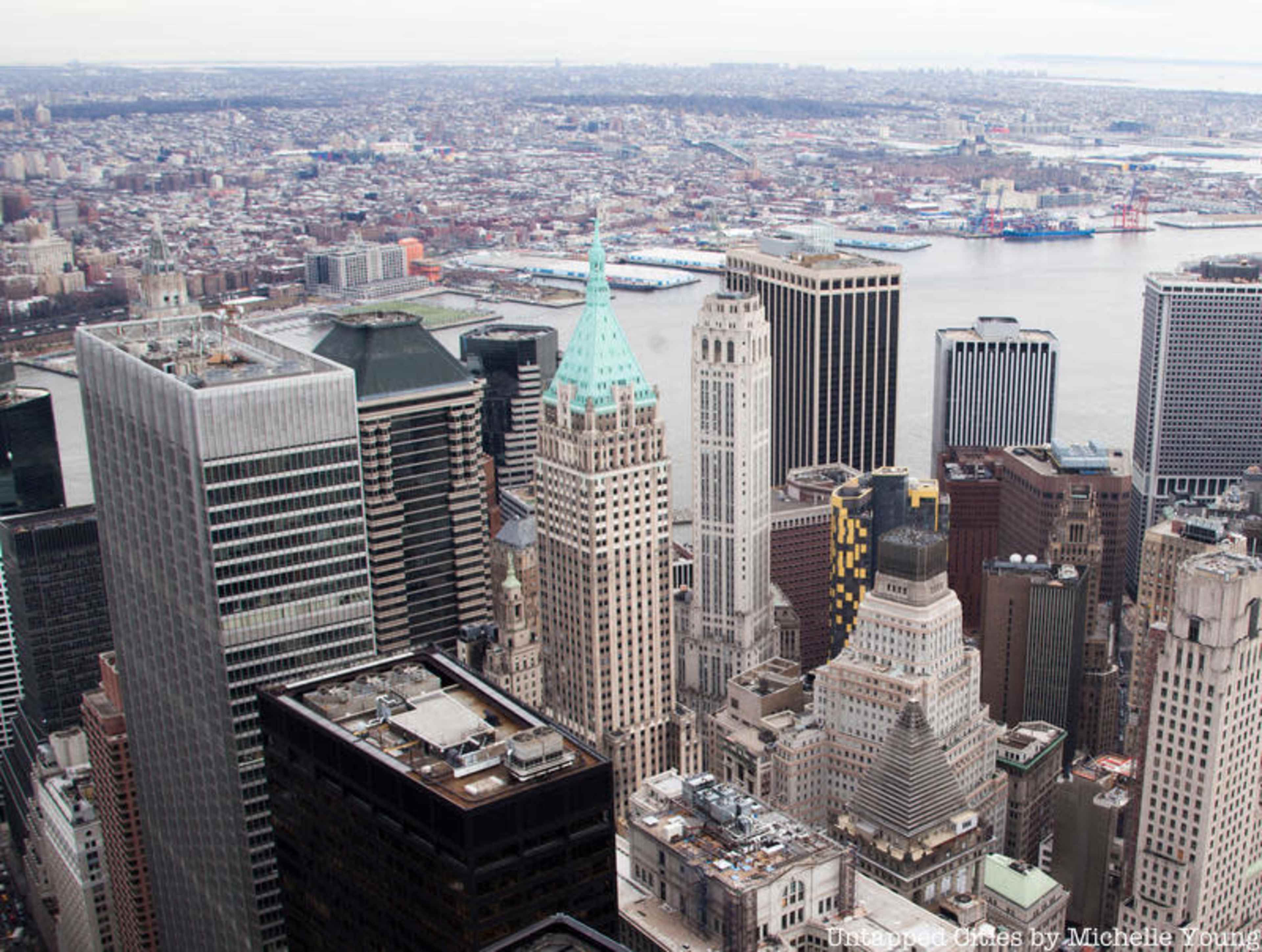 The image shows a panoramic view of New York City's skyline, featuring various skyscrapers and the harbor in the background.