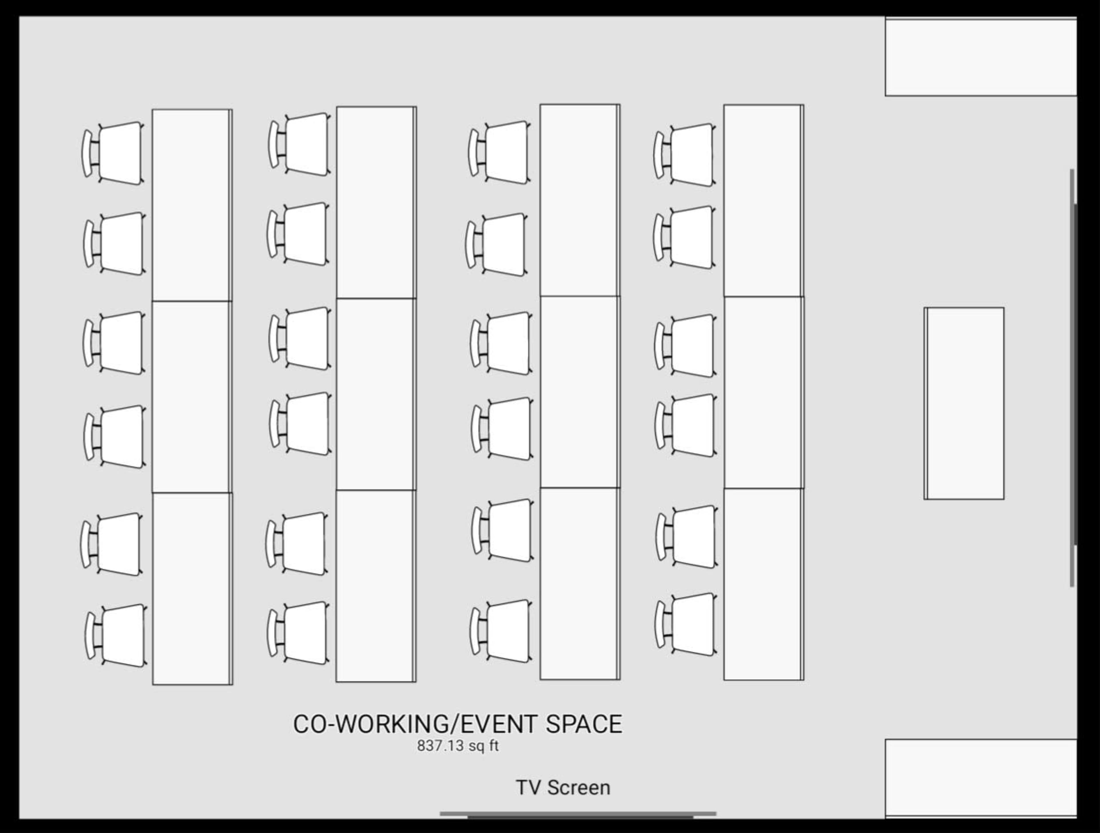 The image is a floor plan of a co-working and event space, featuring multiple tables arranged in rows with chairs on either side and a designated area for a TV screen.
