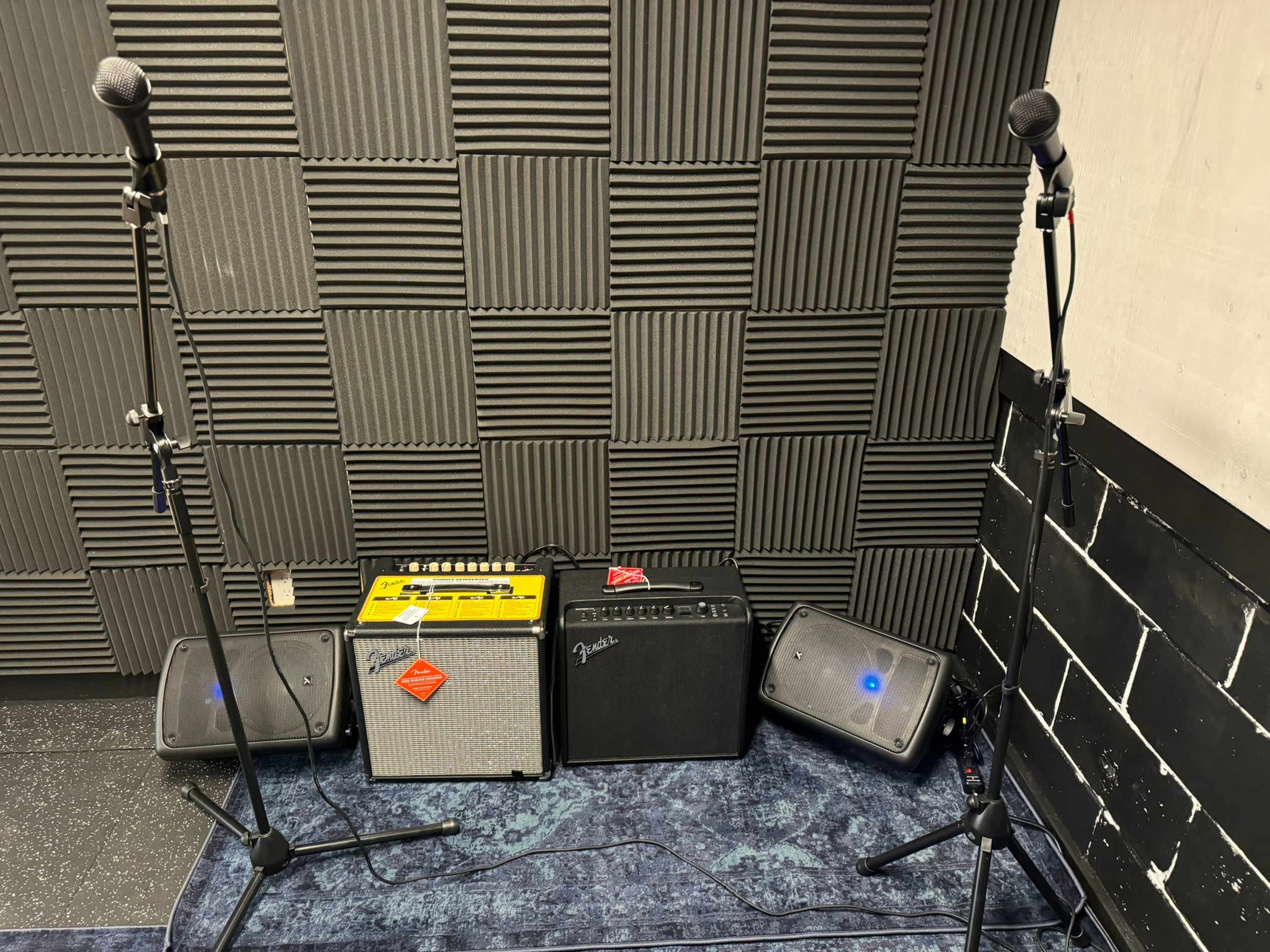 Two microphones on stands positioned next to amplifiers and speakers in a soundproofed room with textured wall panels.