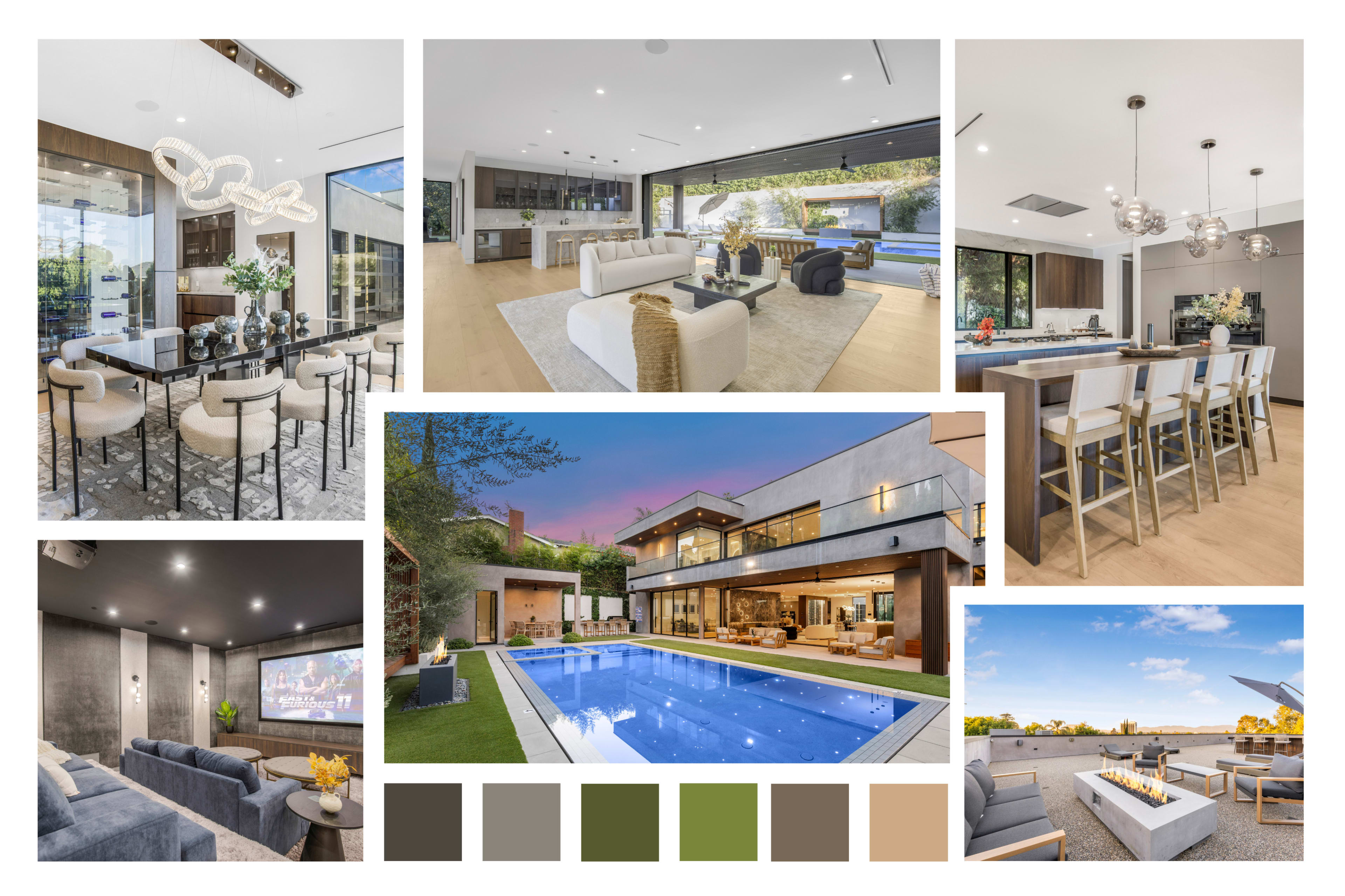 The image showcases a modern luxury home with a spacious interior, elegant furnishings, and an outdoor pool area surrounded by greenery.