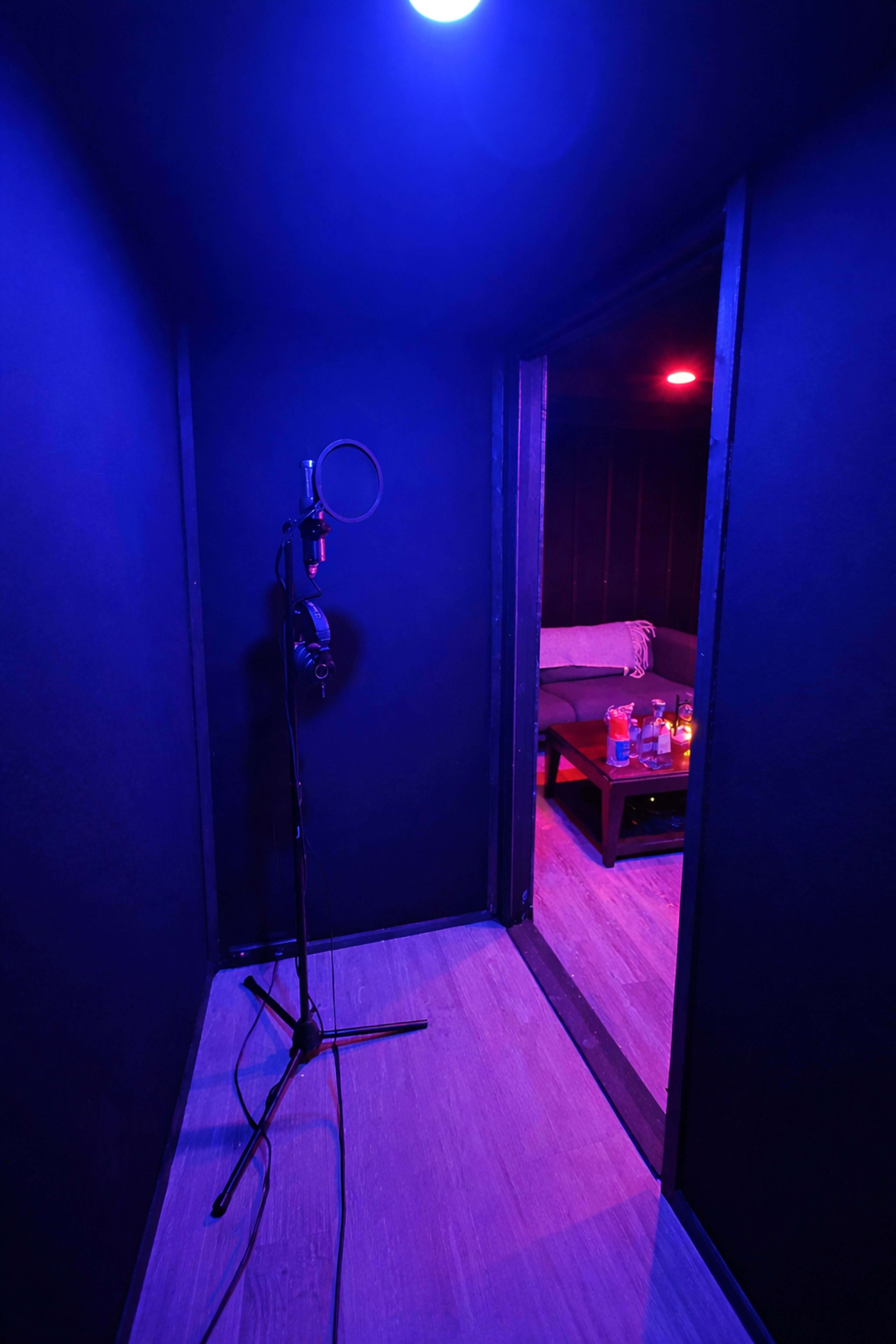 The image shows a dimly lit recording booth with a microphone on a stand and a cozy seating area visible through the open doorway.
