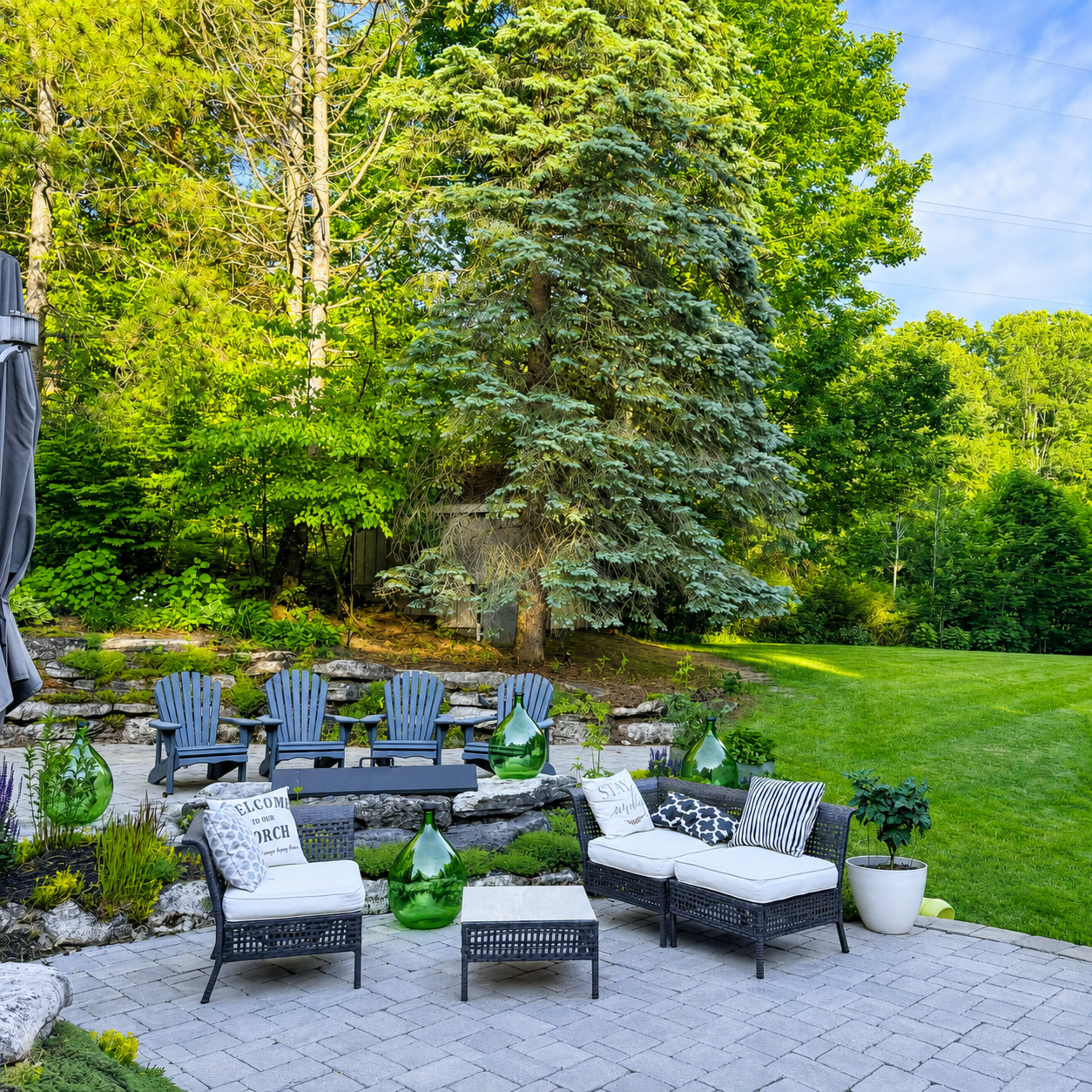 A landscaped backyard features a seating area with wicker chairs and a low table surrounded by greenery and trees.