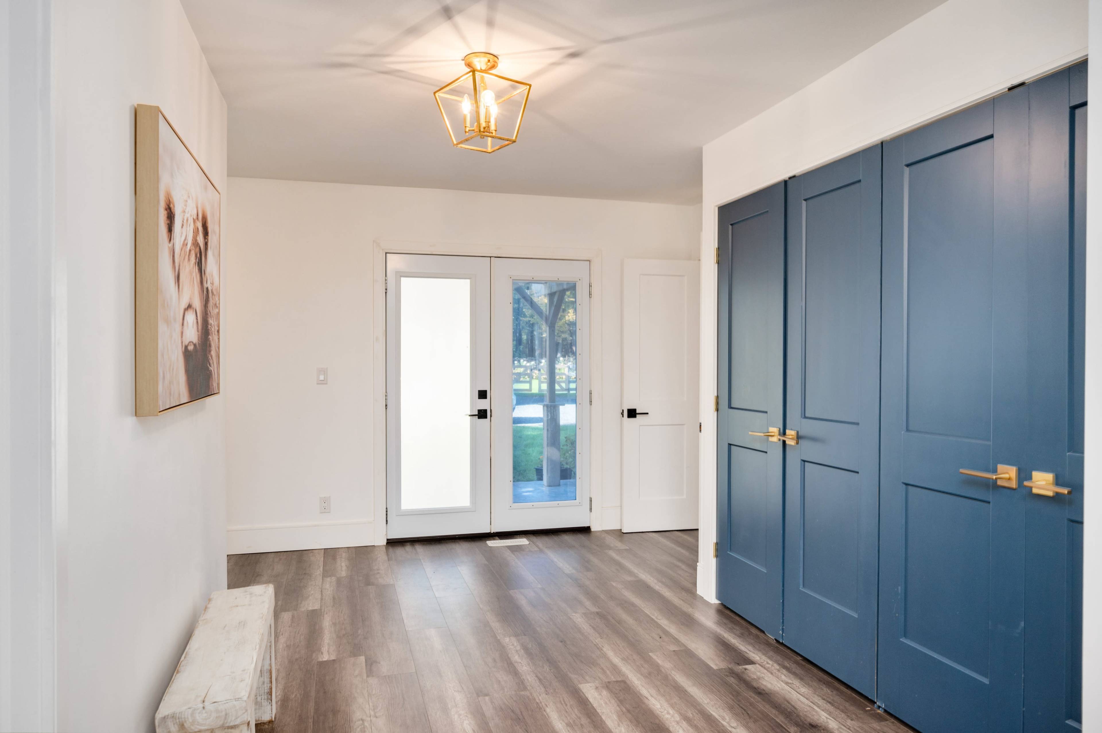 The image shows an interior entryway featuring a light fixture, a painting of a dog, a bench, and blue-paneled closet doors.