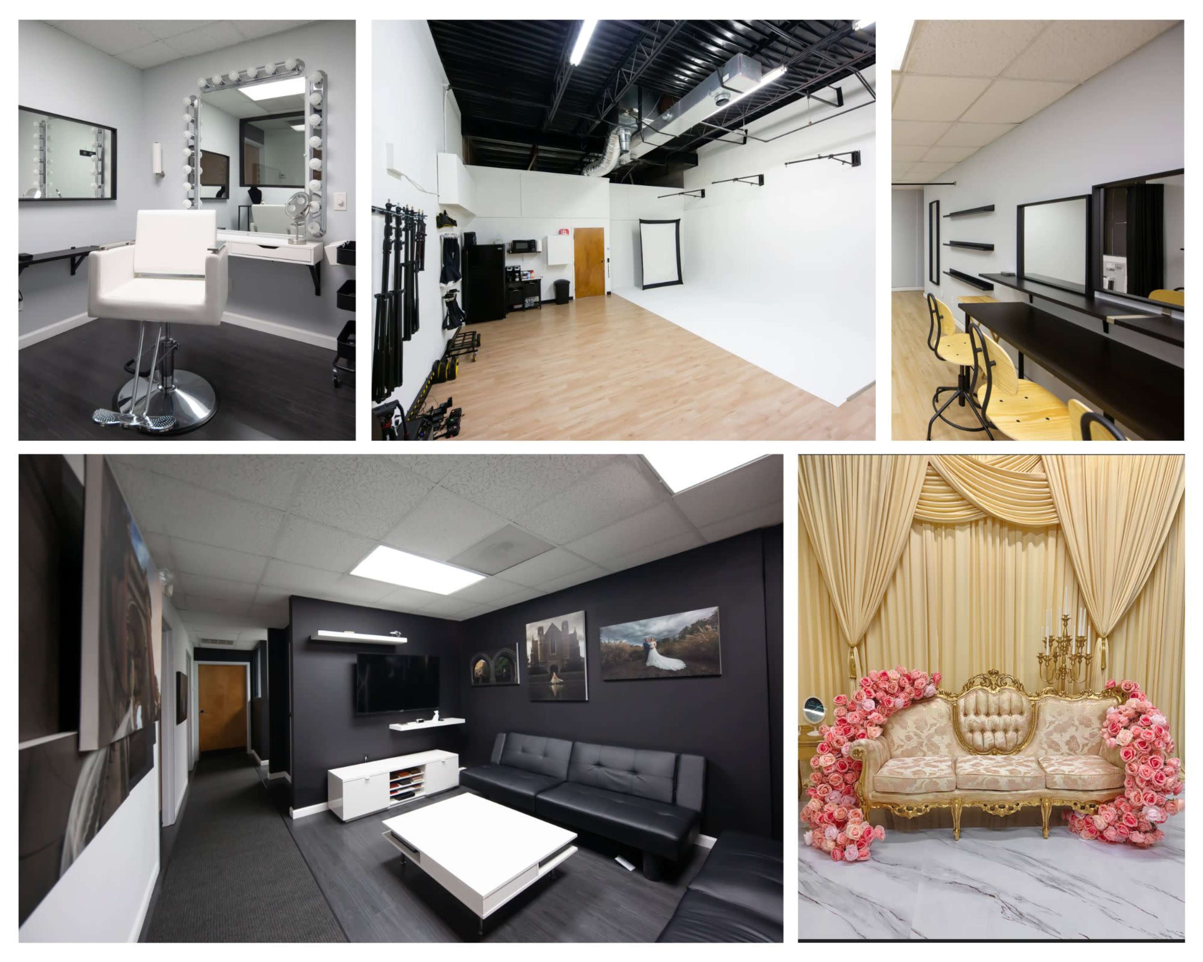The image displays a collage of various studio spaces, including a photography backdrop area, dressing rooms with mirrors, a lounge area, and a makeup station.