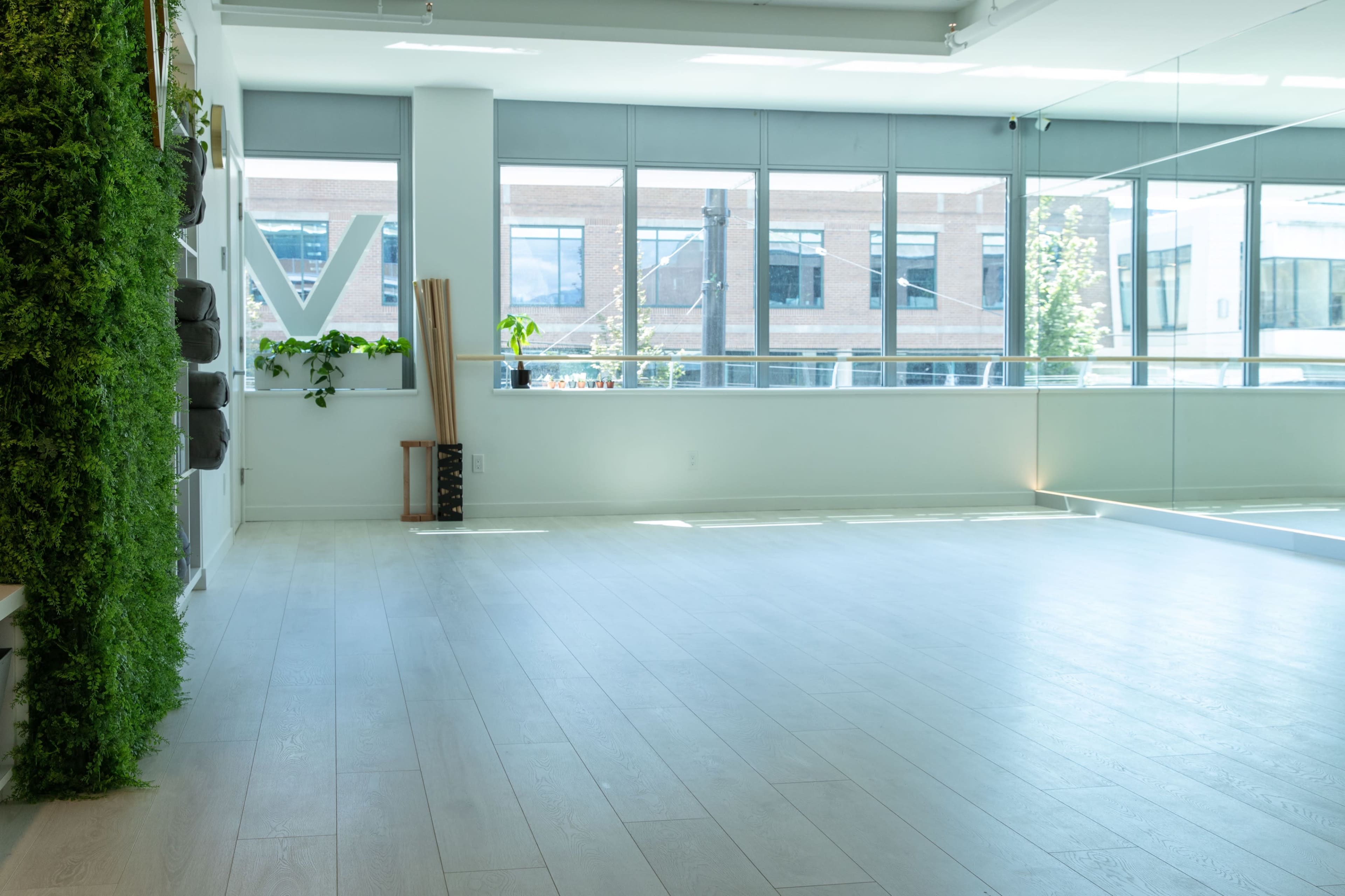 A bright, spacious room features large windows, white wooden floors, and greenery along one wall.