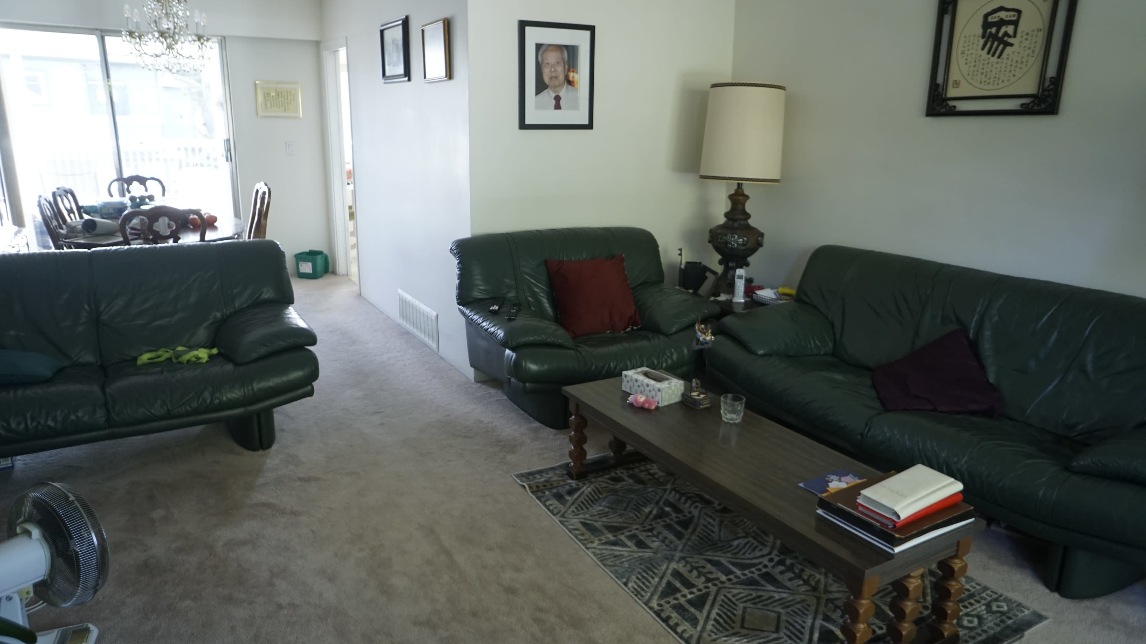 The image shows a living room with two green leather sofas, a wooden coffee table, and a dining area in the background.