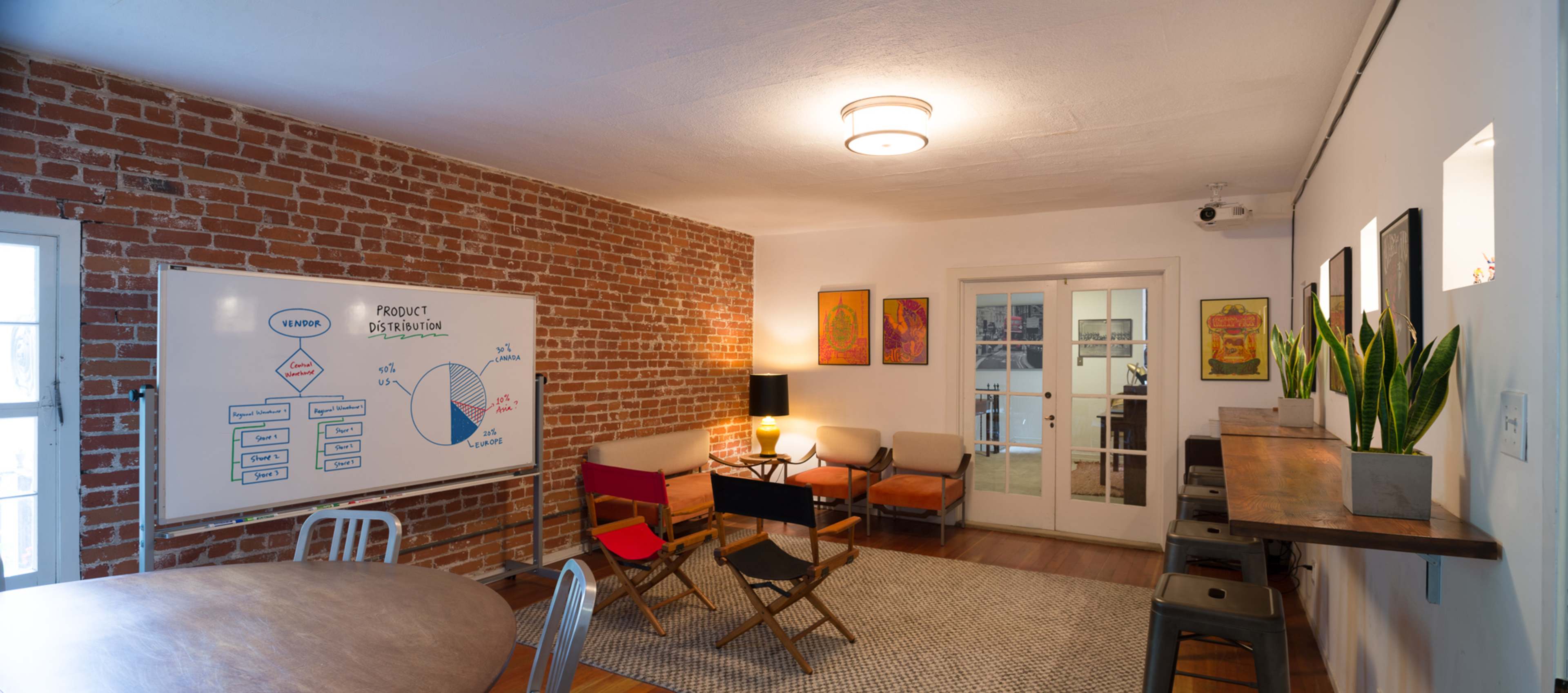 The image shows a cozy office space with exposed brick walls, a whiteboard displaying a chart, and various seating arrangements including chairs and a couch.