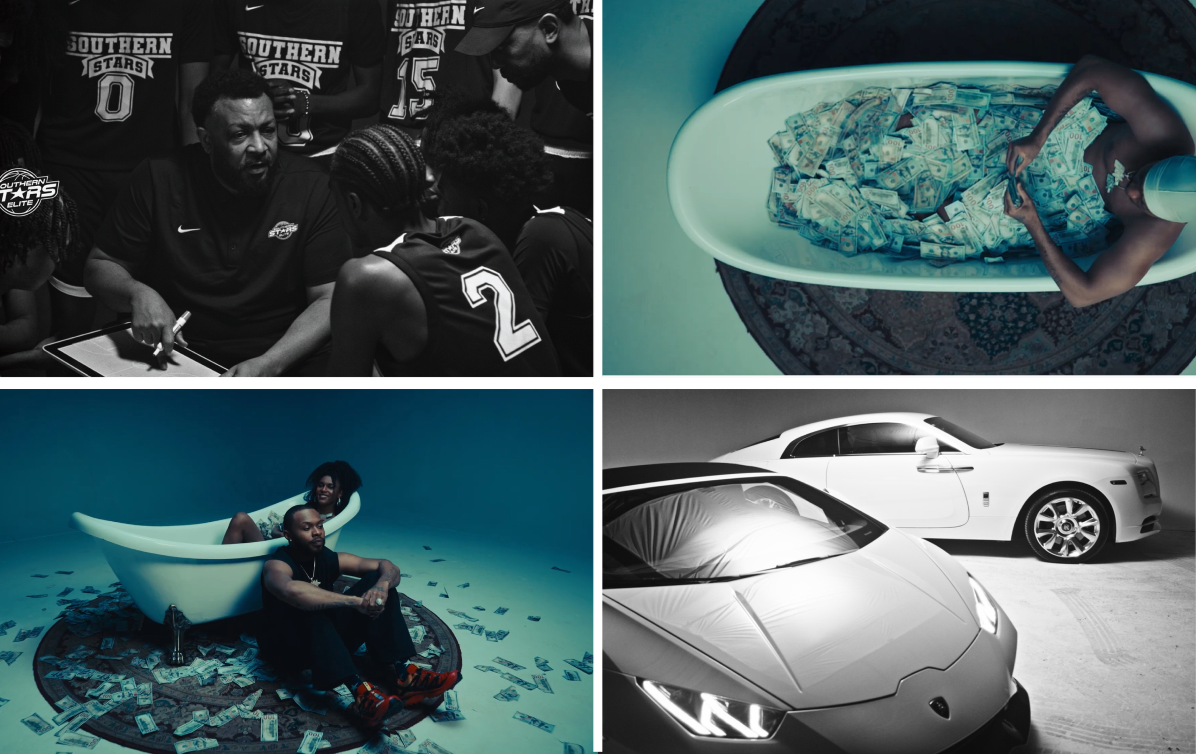 The image features a split layout with a basketball coach discussing strategies with players in the top left, a person sitting in a bathtub filled with cash in the top right, a man relaxing in the bathtub surrounded by money in the bottom left, and two luxury cars displayed in a minimalistic setting in the bottom