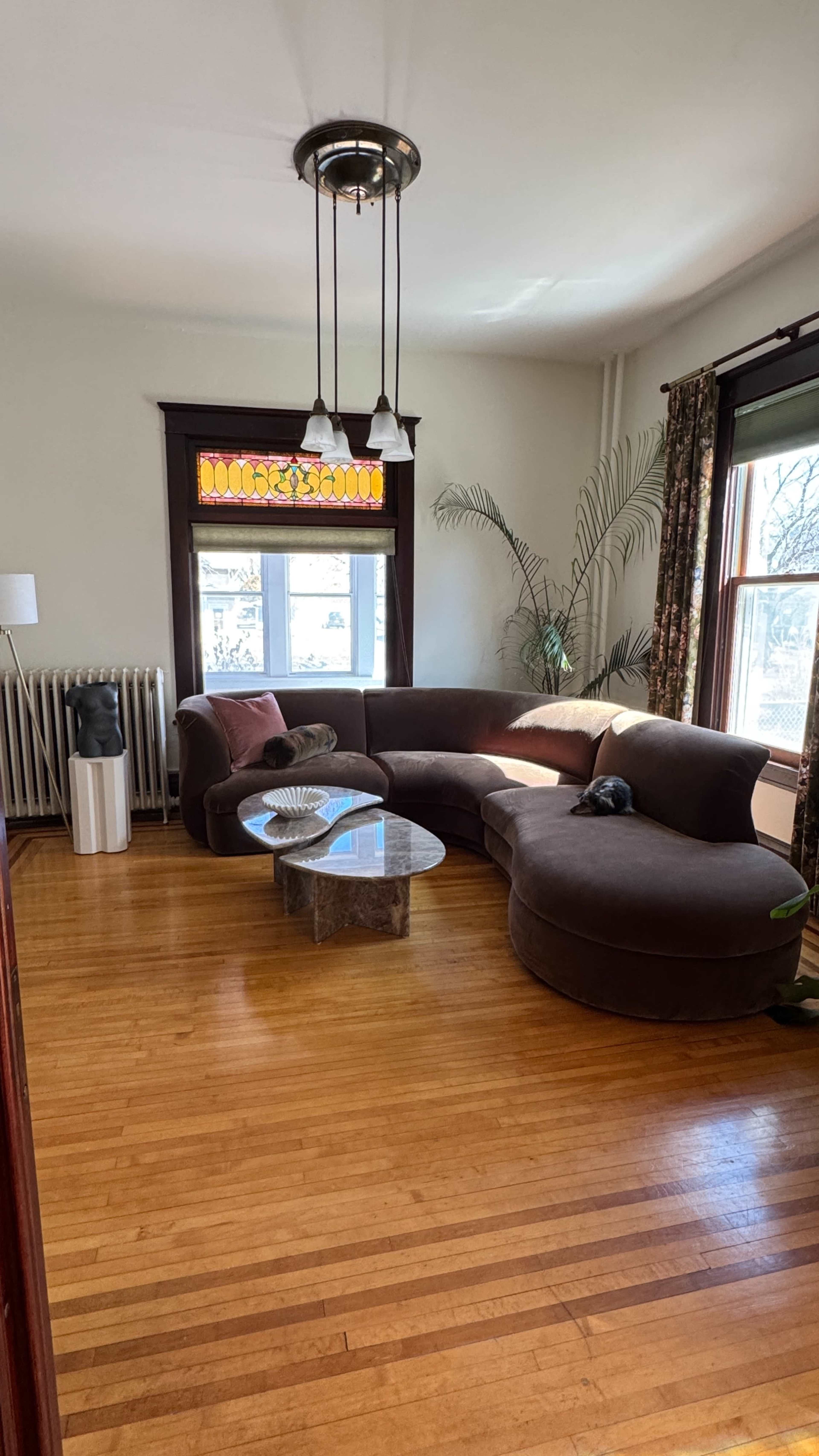 The image shows a cozy living room with a curved brown sofa, a round glass coffee table, and large windows illuminated by natural light.