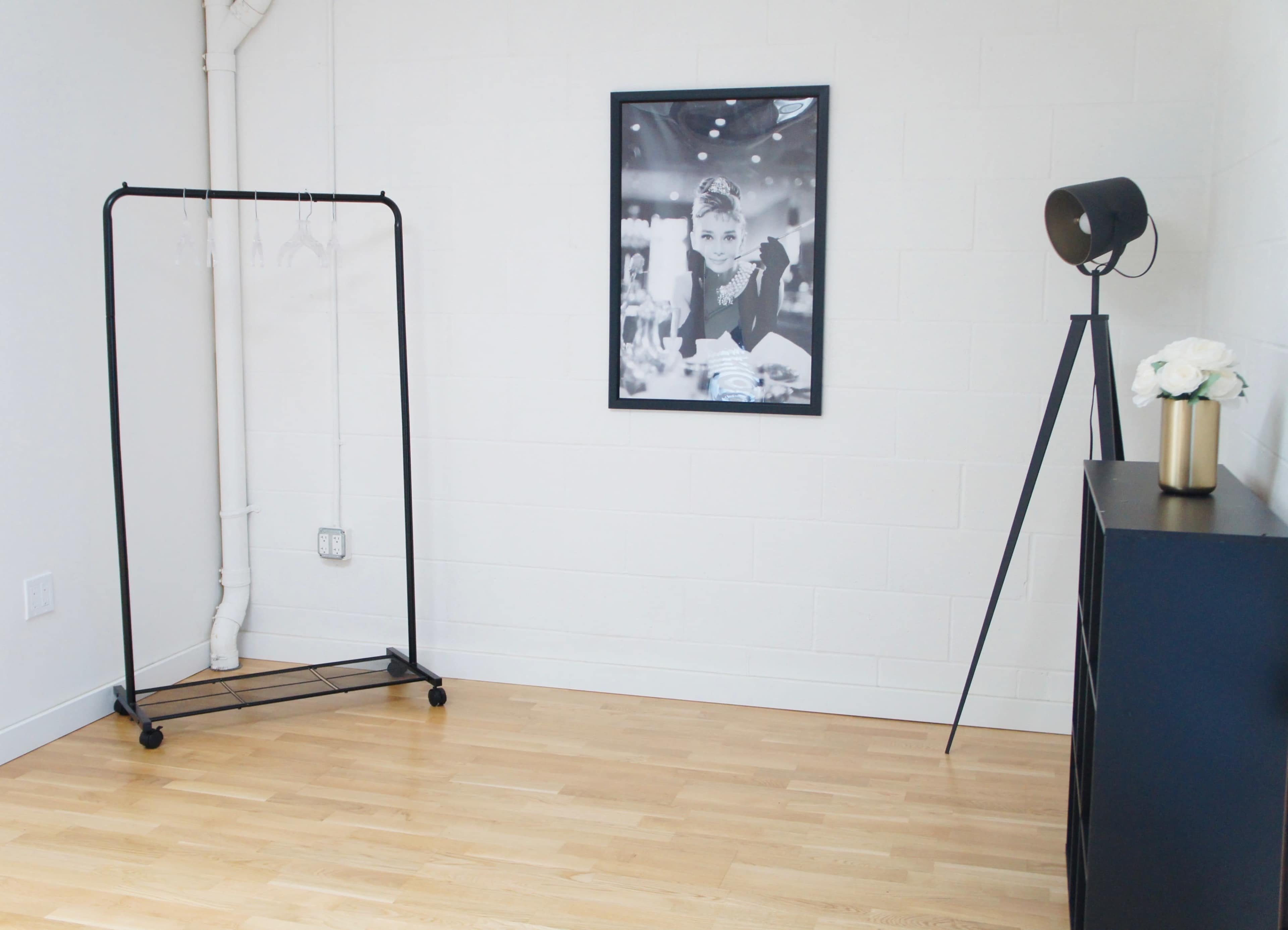 A minimalistic room featuring a black clothing rack, a black floor lamp, a dark dresser, and a black-and-white framed photo on the wall.