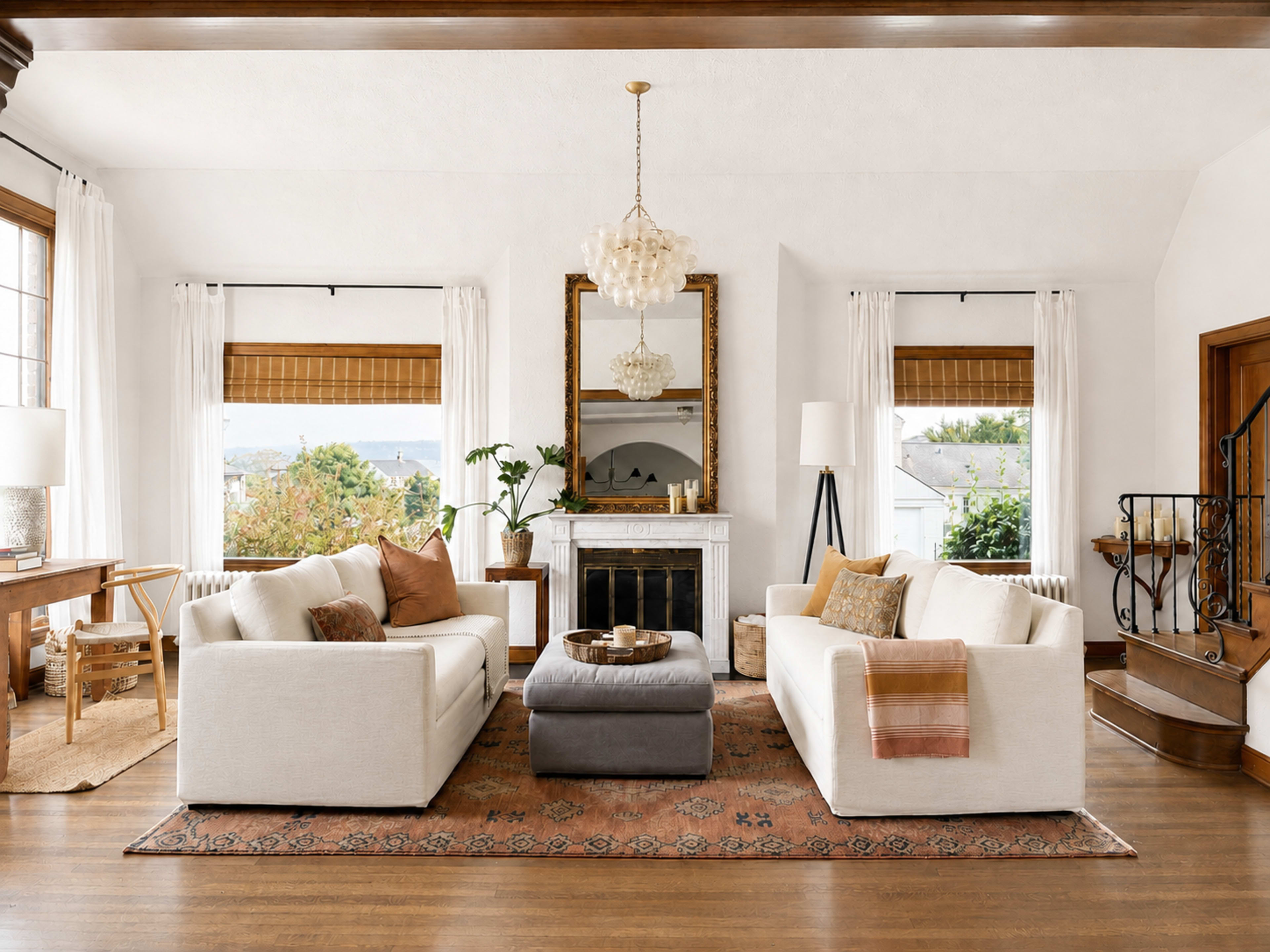 The image shows a bright, spacious living room featuring two white sofas facing each other, a gray ottoman in the center, and a decorative fireplace with a large mirror above it.