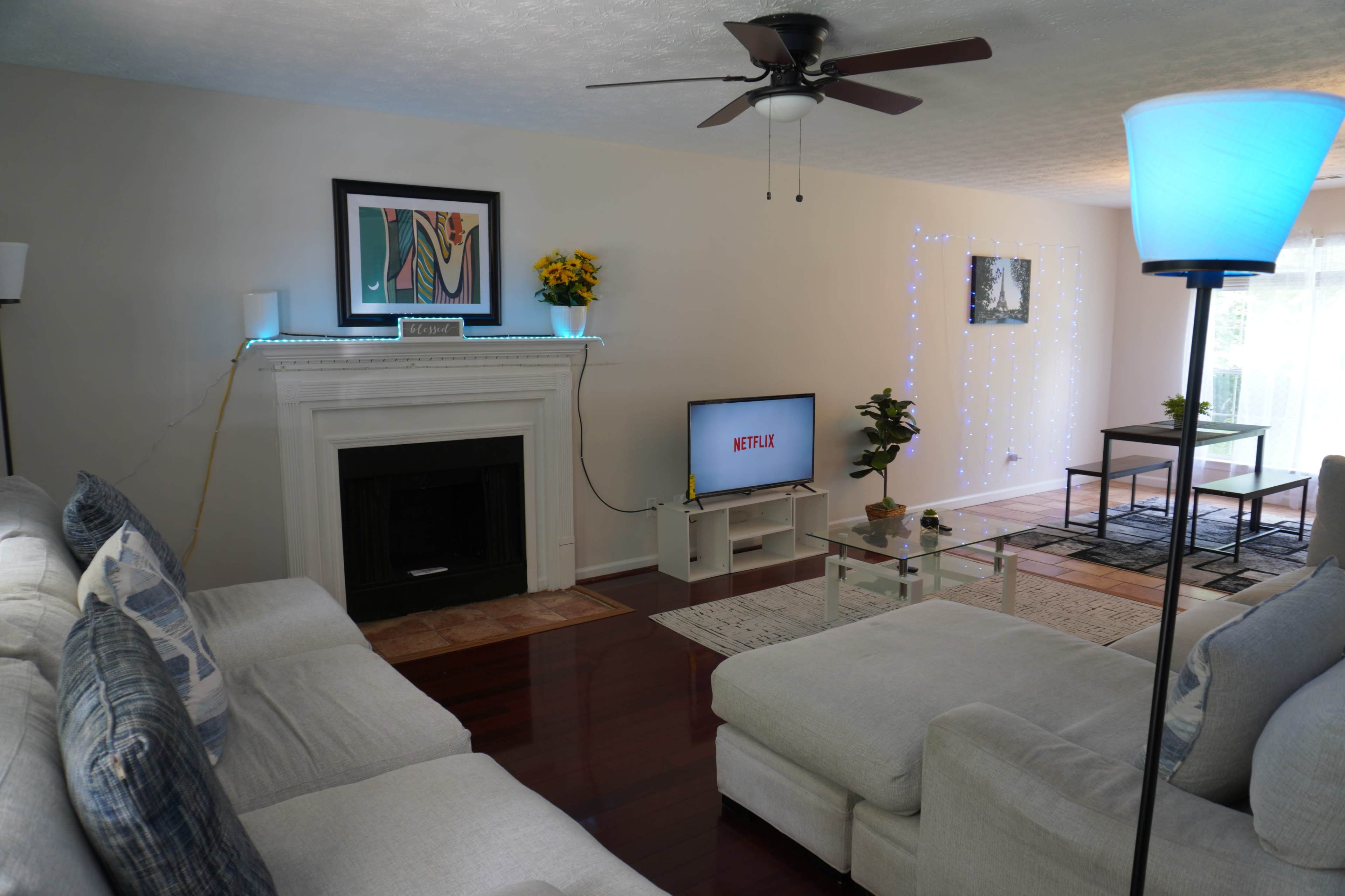 The image shows a modern living room featuring a light-colored sectional sofa, a television displaying the Netflix logo, and various decorative elements including plants and artwork.