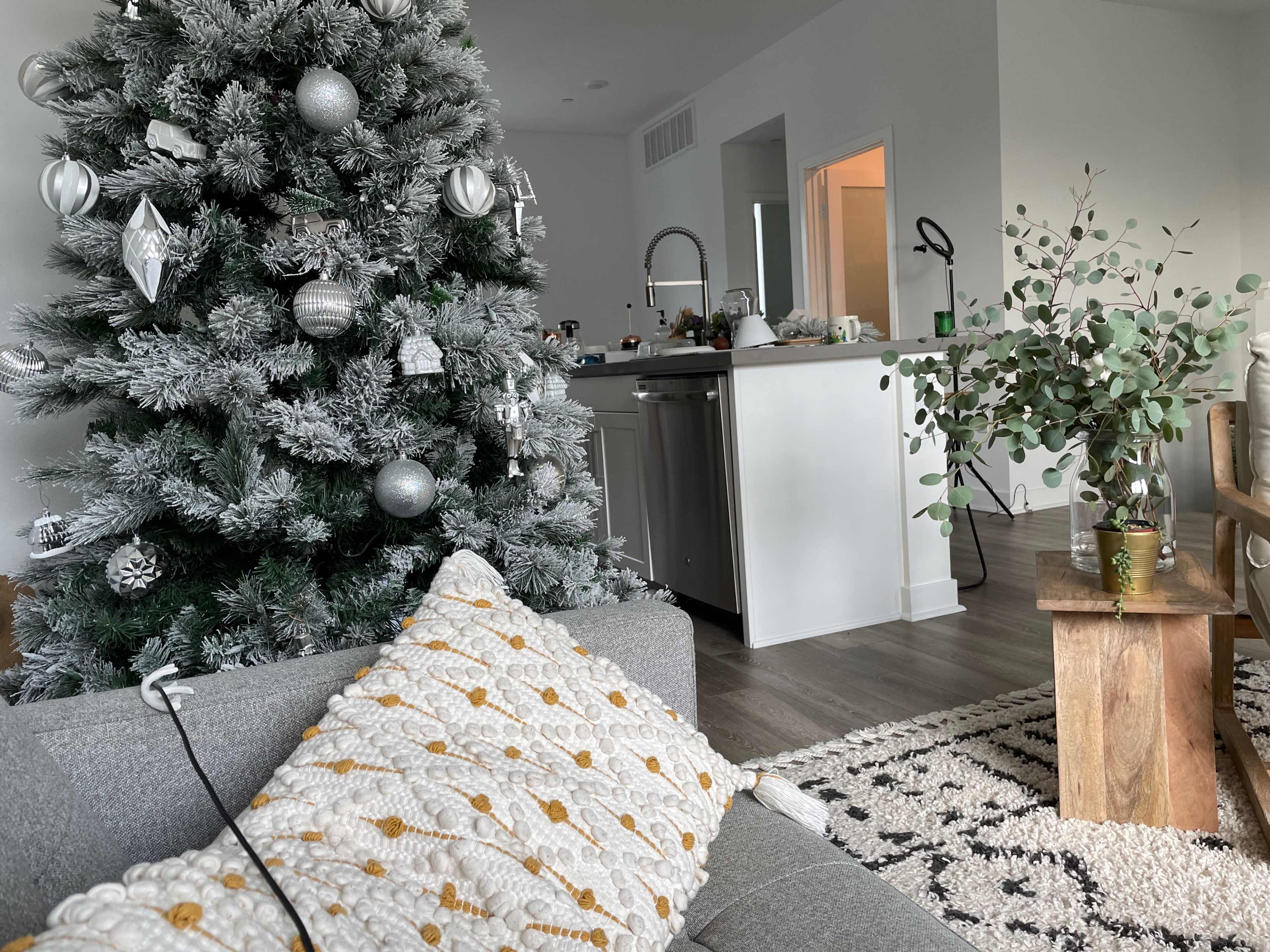 A silver and white decorated Christmas tree stands near a cozy living area with a green plant on a wooden table and a view of a kitchen in the background.