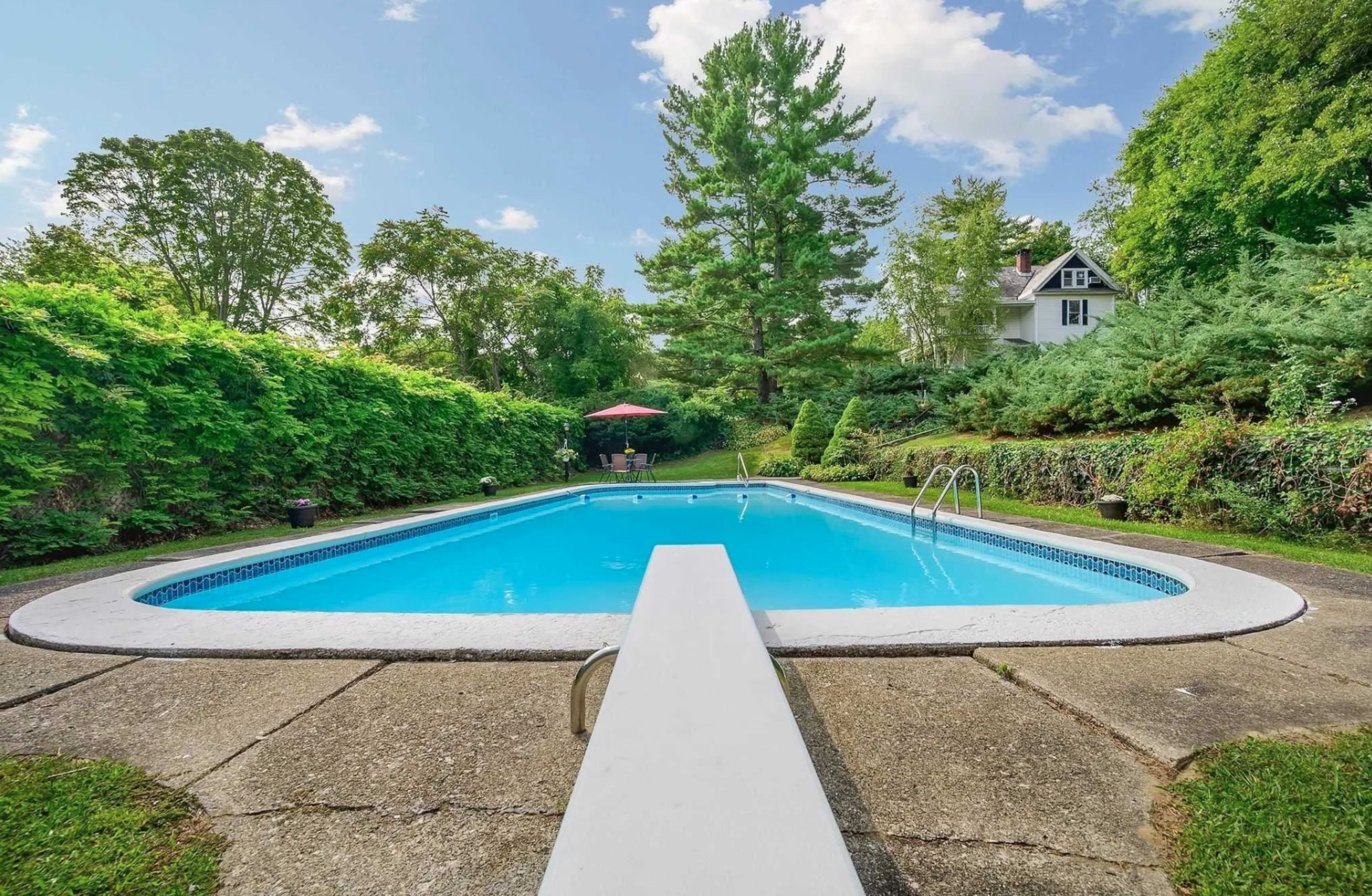 The image shows a rectangular swimming pool surrounded by lush greenery, with a diving board at one end and a house visible in the background.