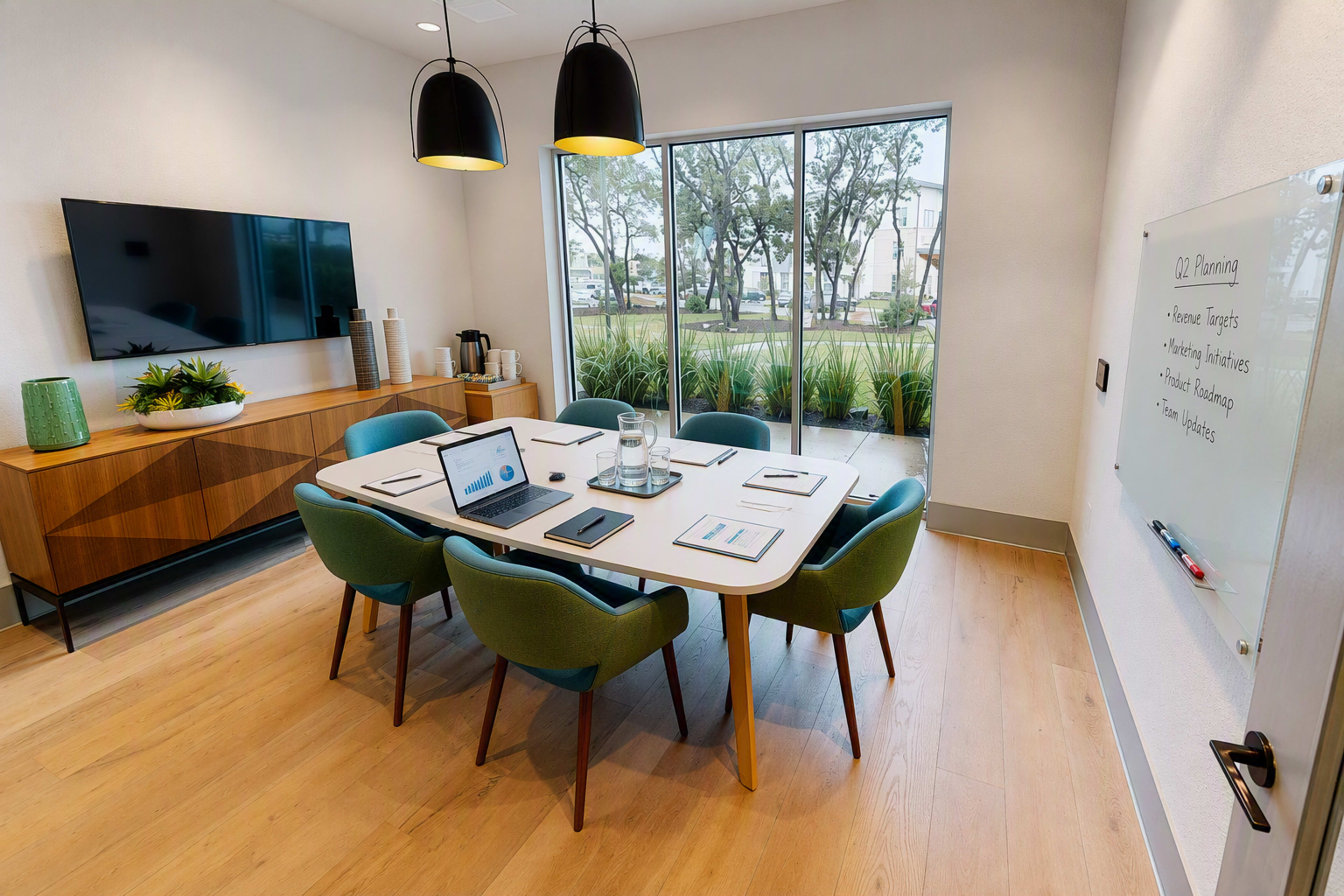 A modern conference room features a large table surrounded by green chairs, a wall-mounted television, and a glass door leading to an outdoor area.