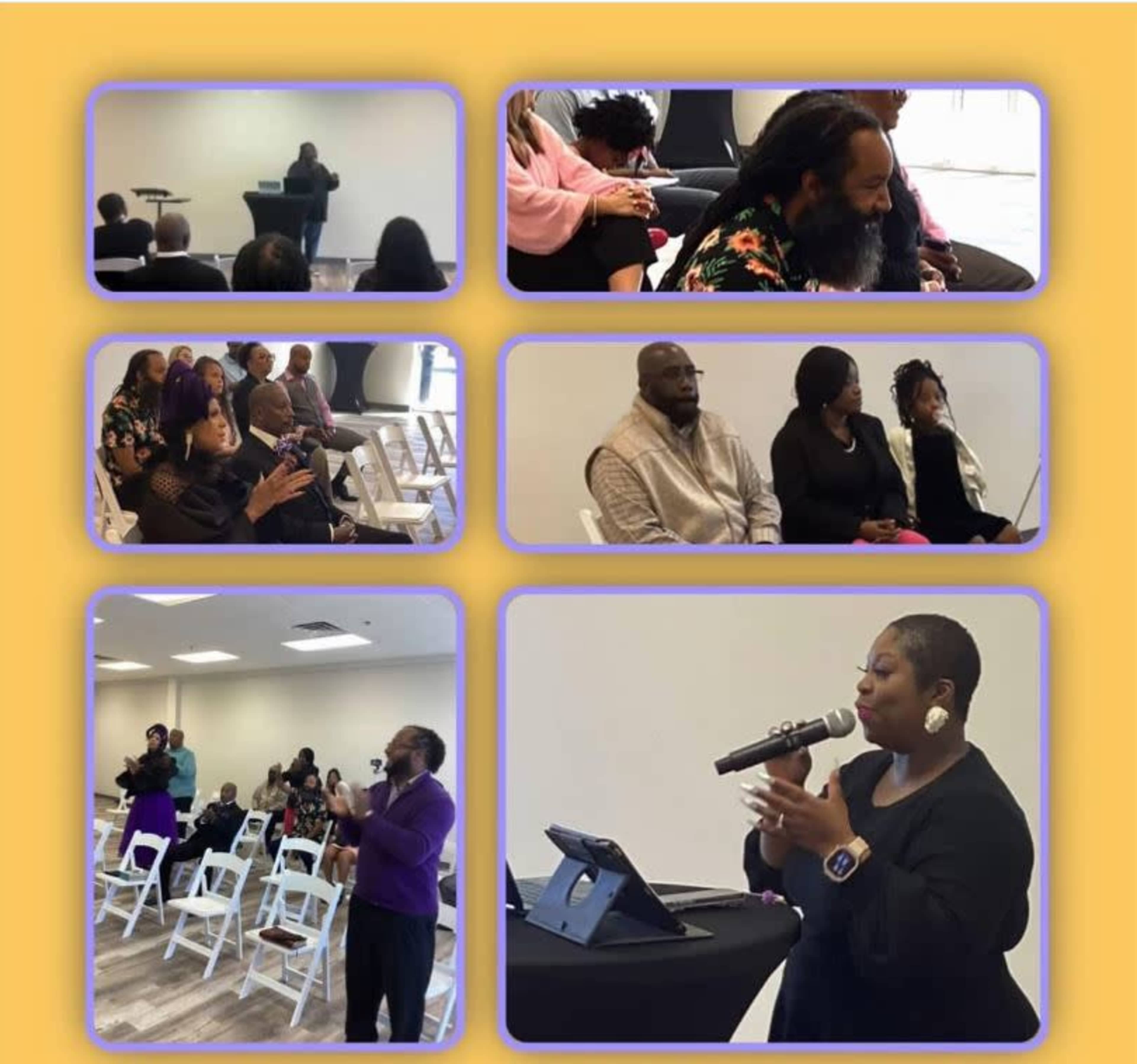 The image consists of a collage depicting various people engaged in a gathering, with some speaking and others attentively listening in a well-lit indoor setting.