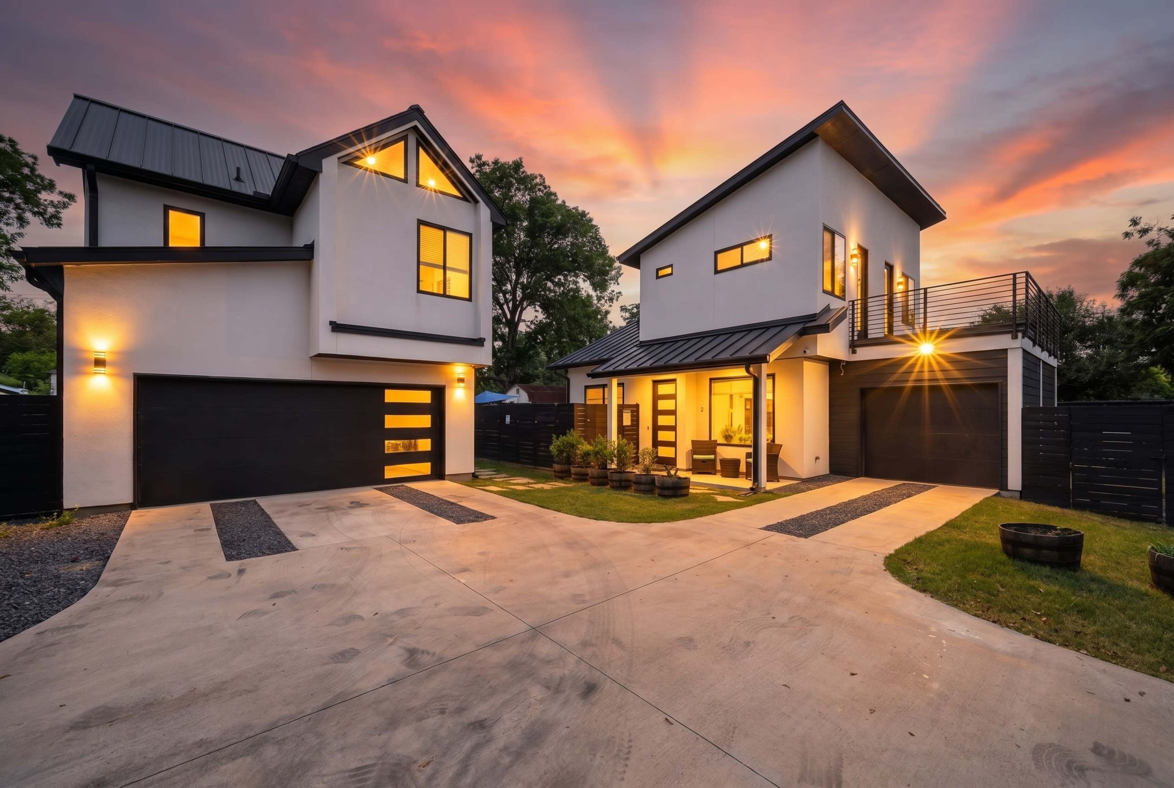 The image shows two modern houses with large windows, set in a landscaped yard under a colorful sunset sky.
