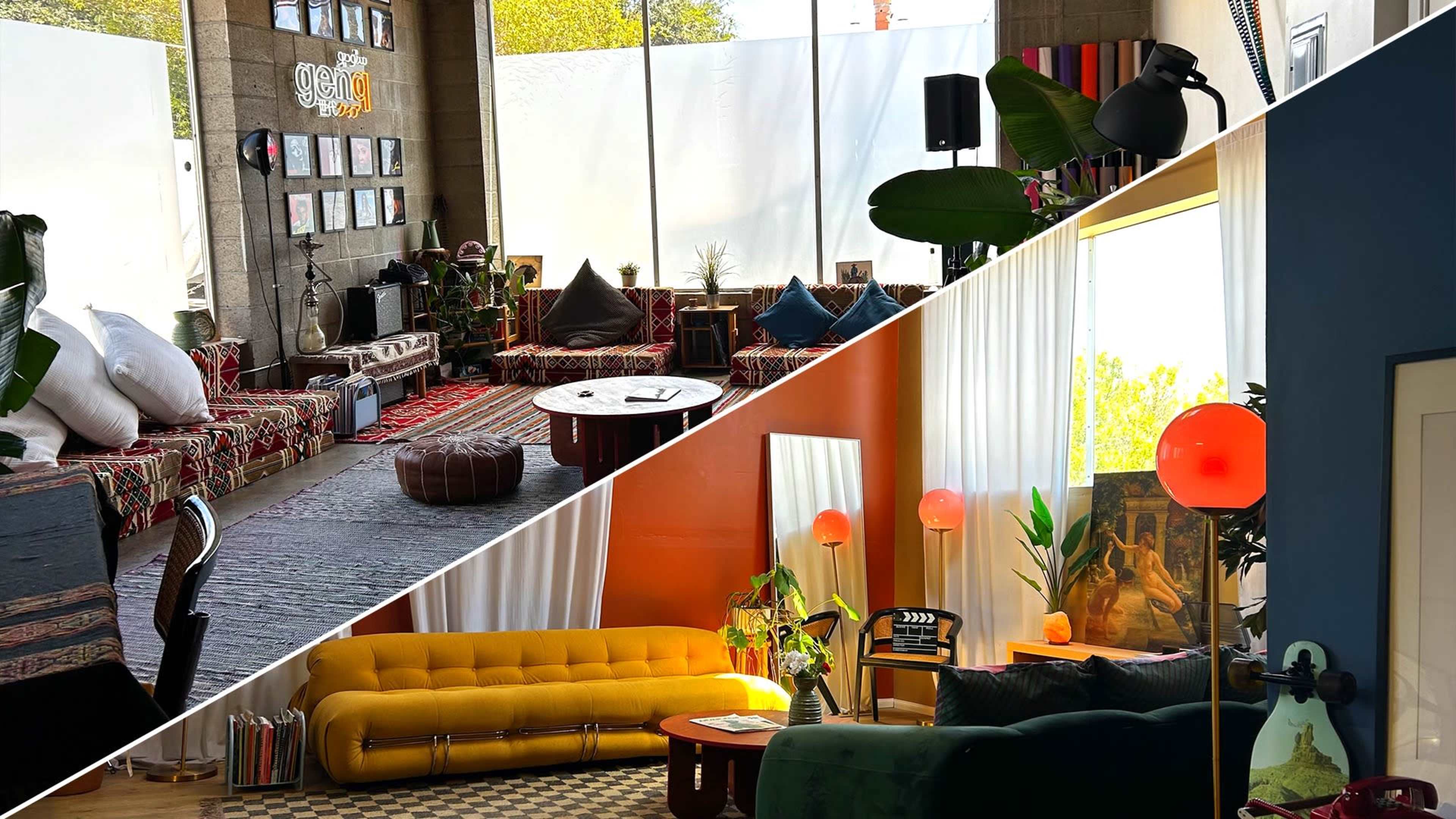 A split view of two distinct interior spaces, one with a bohemian style featuring patterned seating and colorful decor, and the other displaying a modern layout with a yellow sofa and contemporary furnishings.