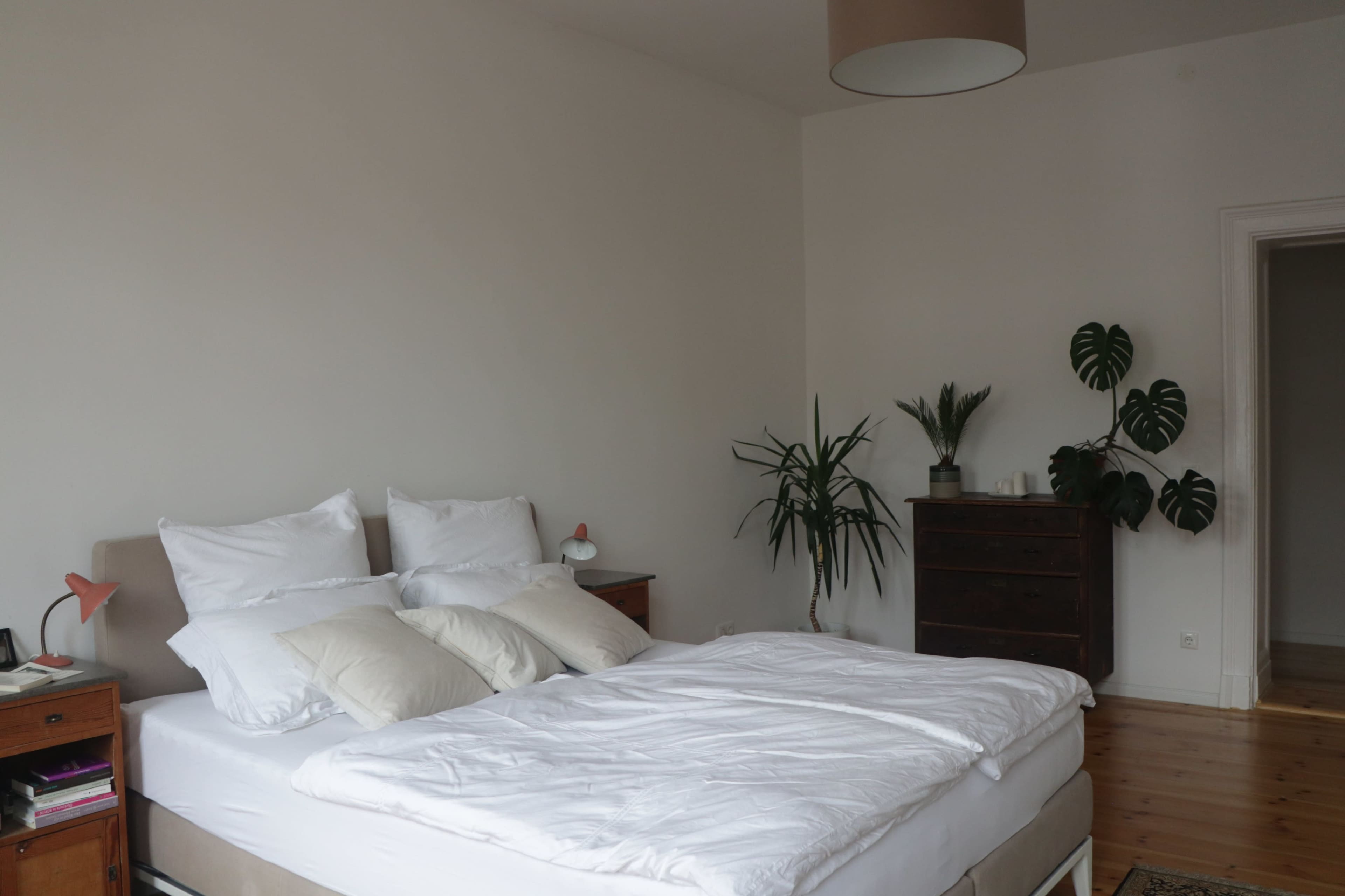 A simple bedroom featuring a large bed, two side tables with lamps, a potted plant, and a dresser against the wall.