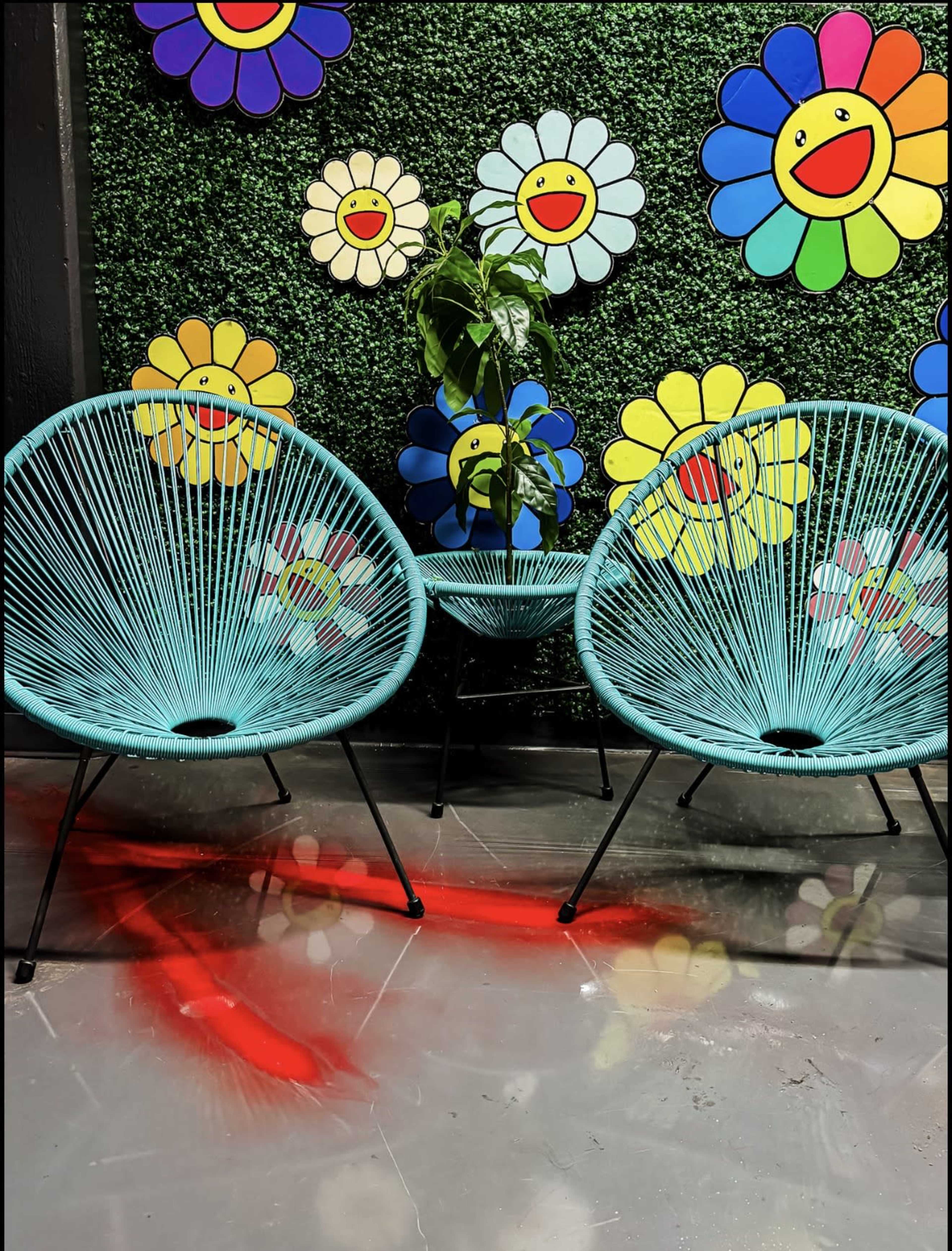 The image features two turquoise chairs decorated with colorful flowers against a green wall, alongside a small table and a potted plant.