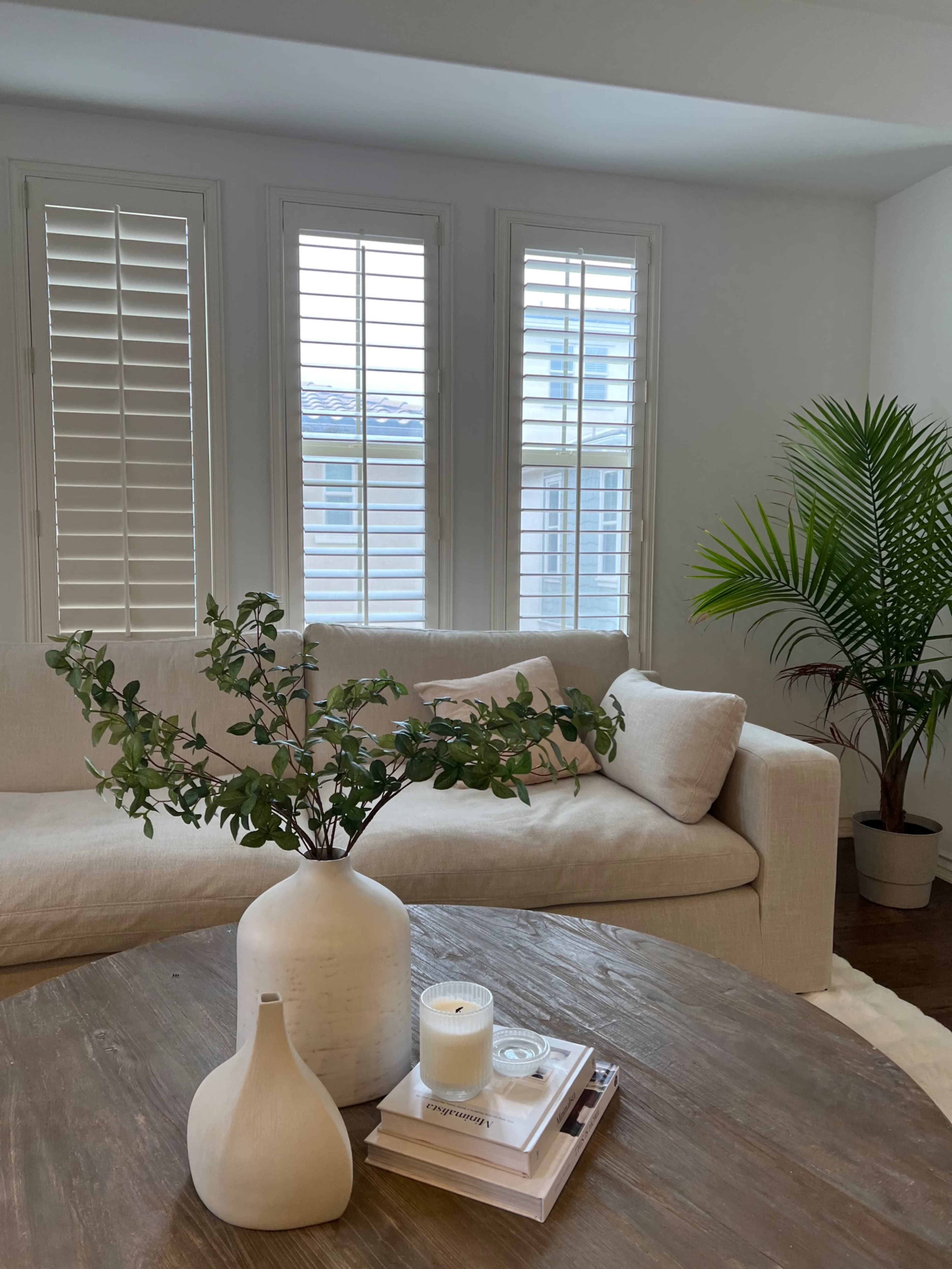 The image shows a living room with a light-colored sofa, a round wooden coffee table, a plant, and window shutters letting in natural light.