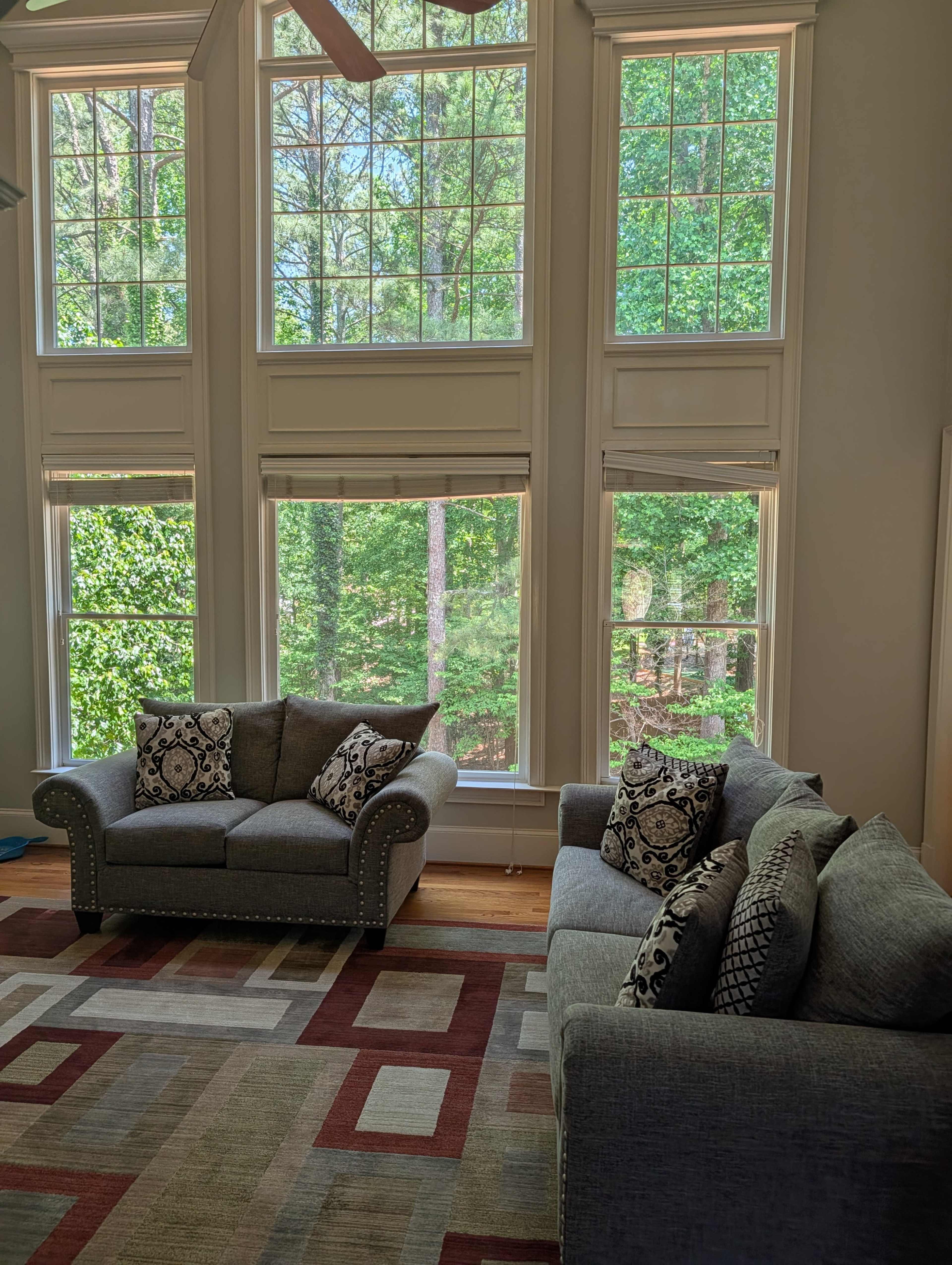 The image shows a bright living room with two gray sofas, decorative pillows, and large windows allowing sunlight to illuminate the green trees outside.