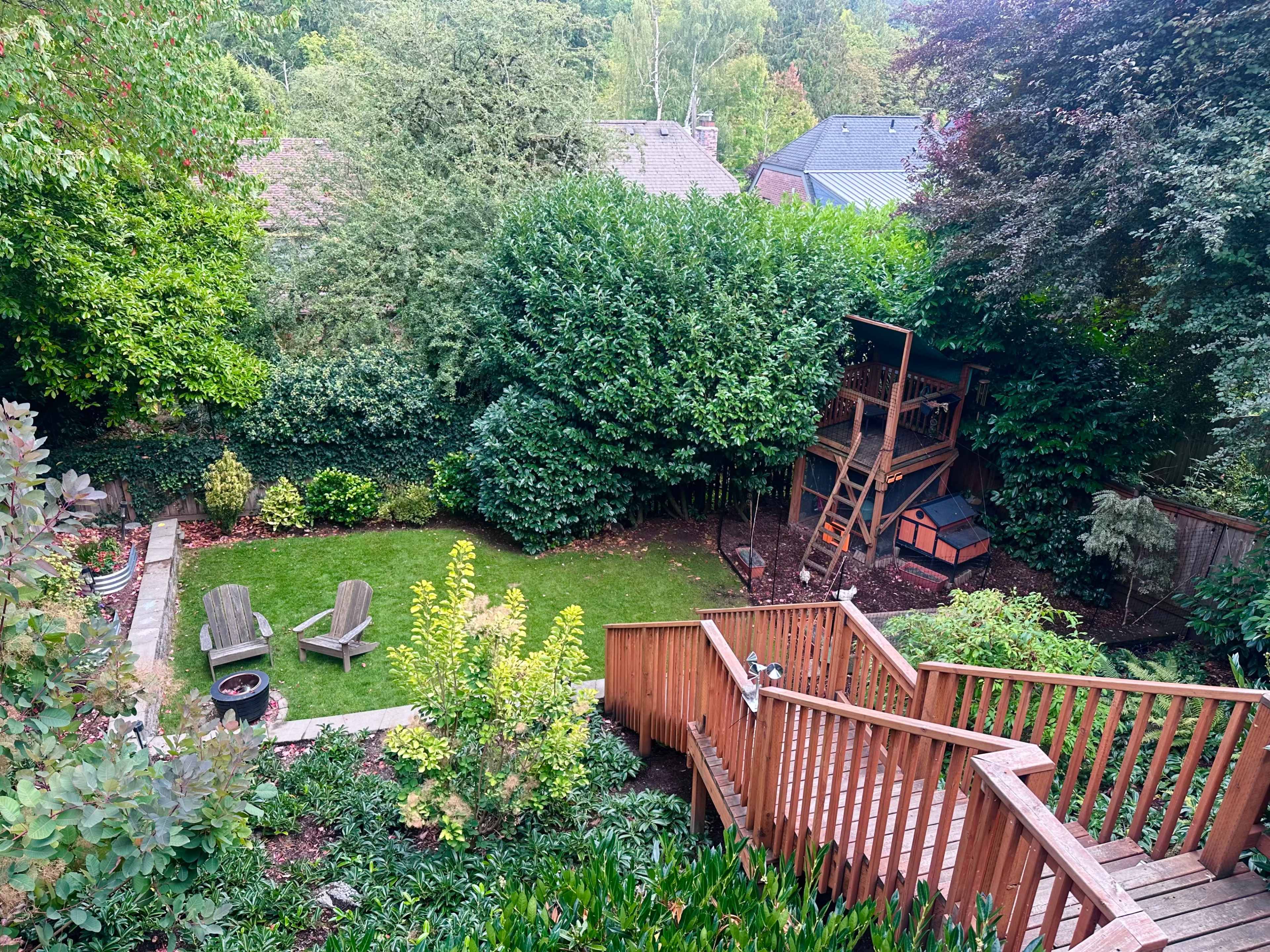 The image shows a landscaped backyard with a grassy area, a wooden staircase, two adirondack chairs, and a play structure surrounded by dense greenery.