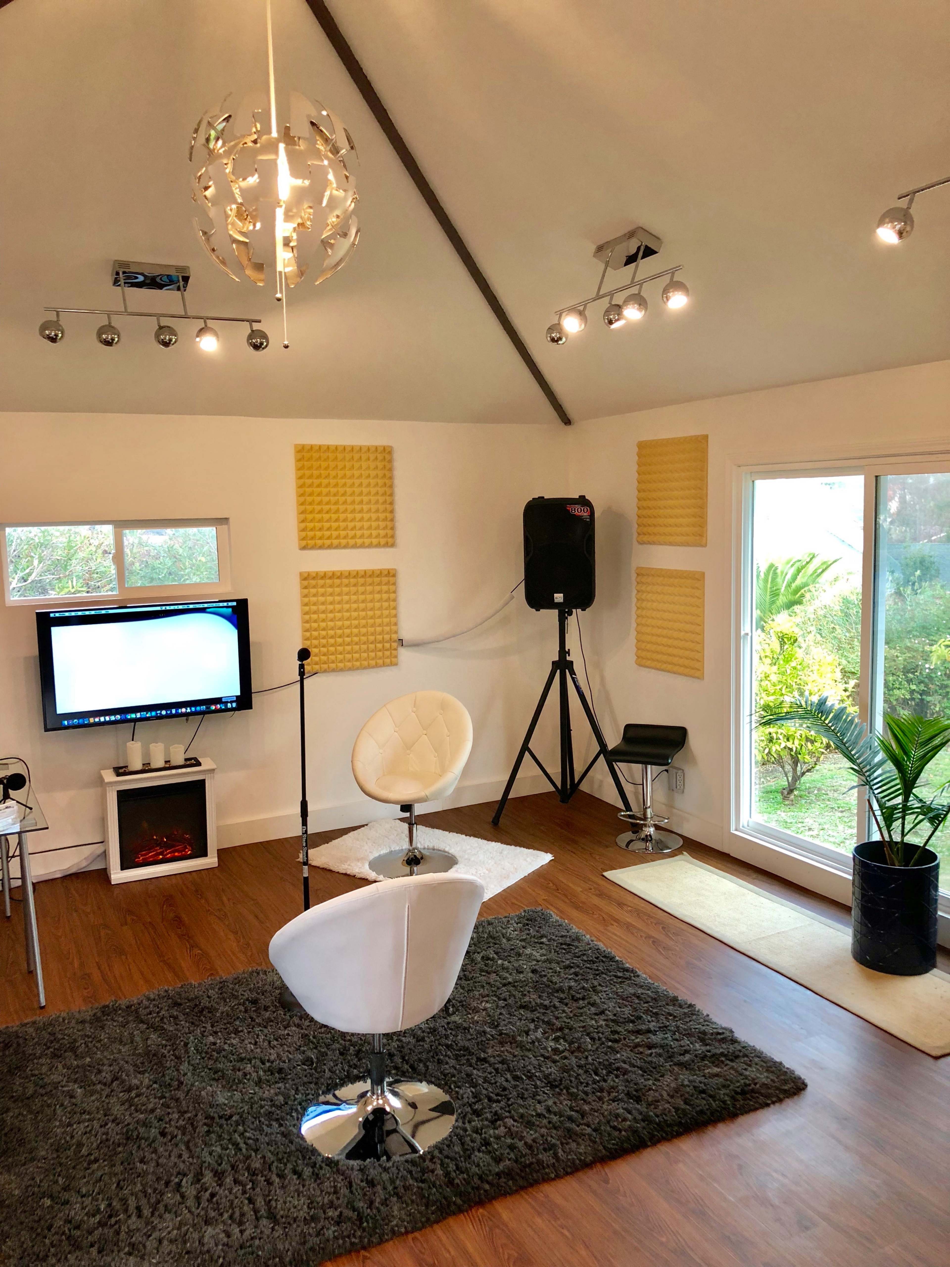 A modern room with a chair, a microphone on a stand, a television, and acoustic panels on the walls, along with a large window displaying greenery outside.