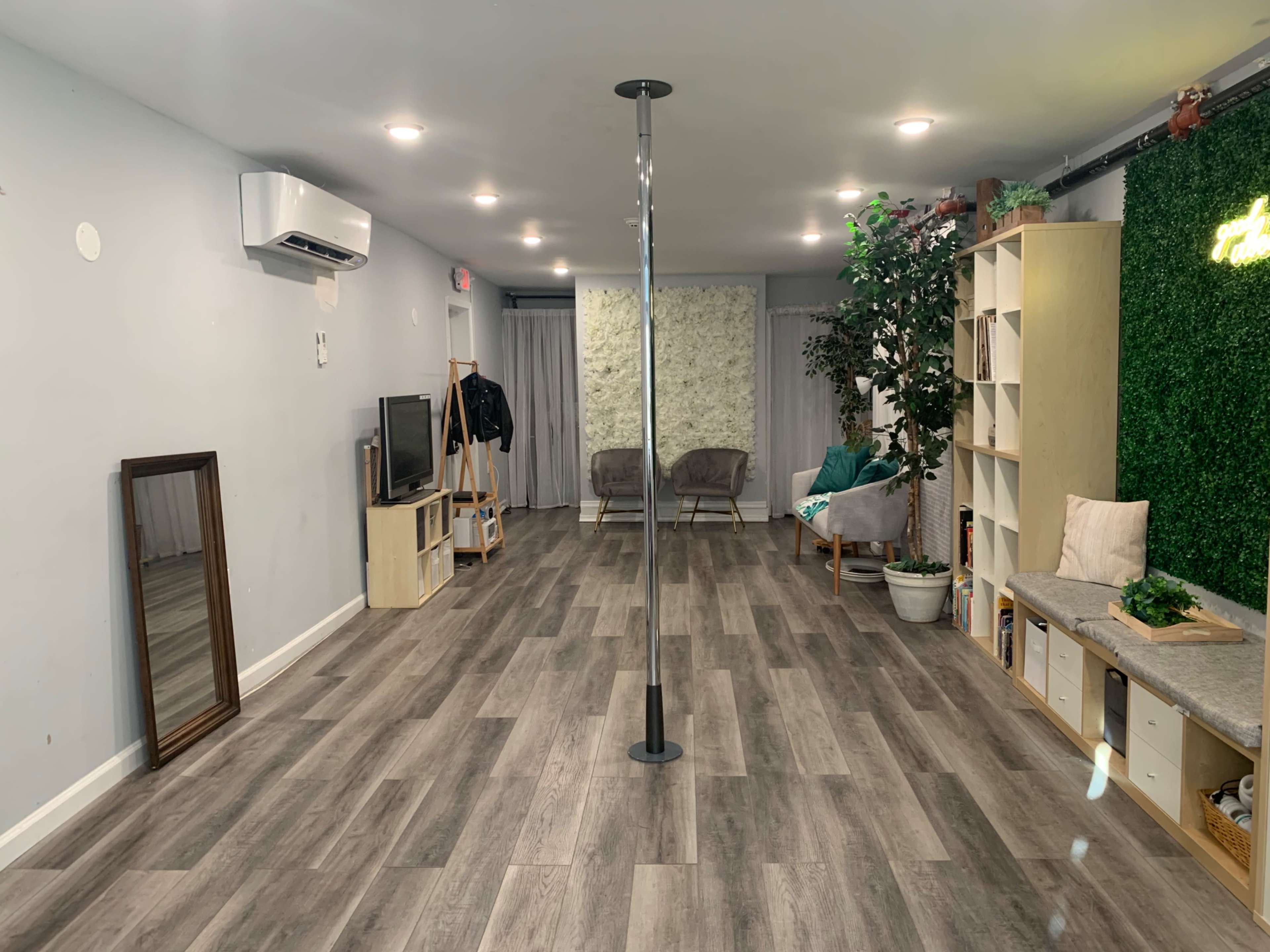 A spacious indoor studio or room featuring a pole in the center, furnished with chairs, a TV, shelves, and decorative plants against a light gray wall.