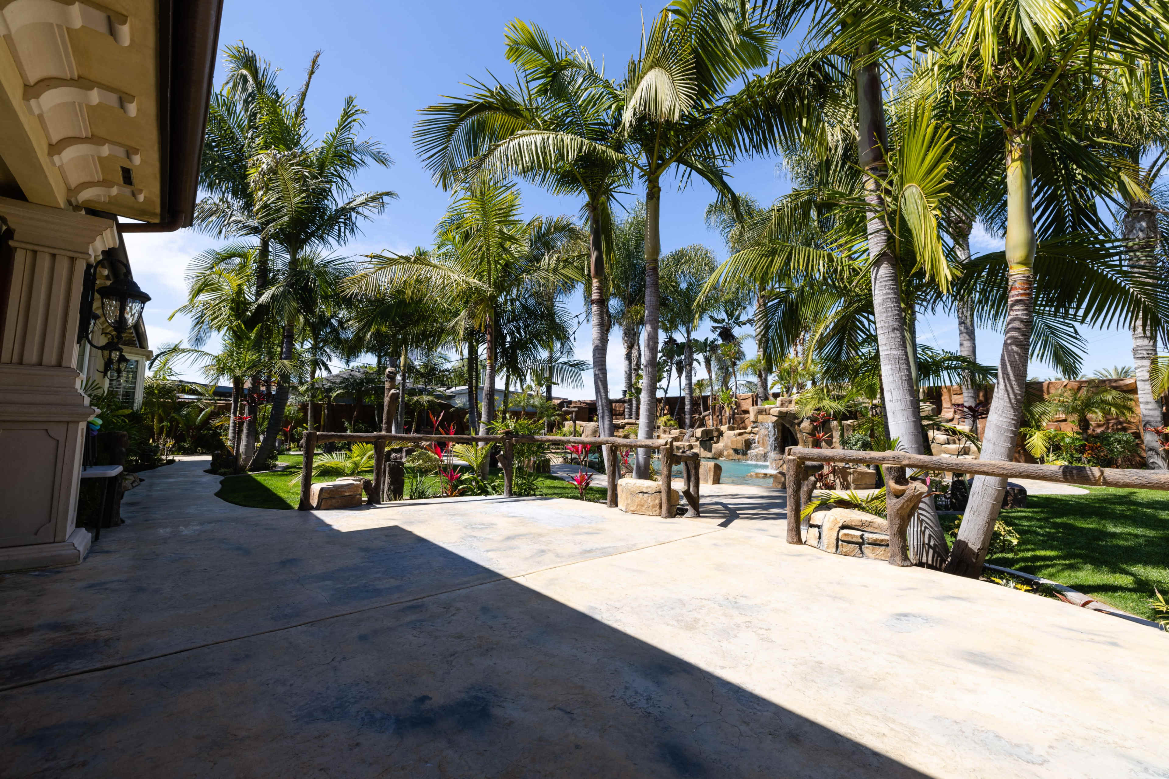 A landscaped backyard with tropical palm trees, a stone pathway, and a swimming pool in the distance.