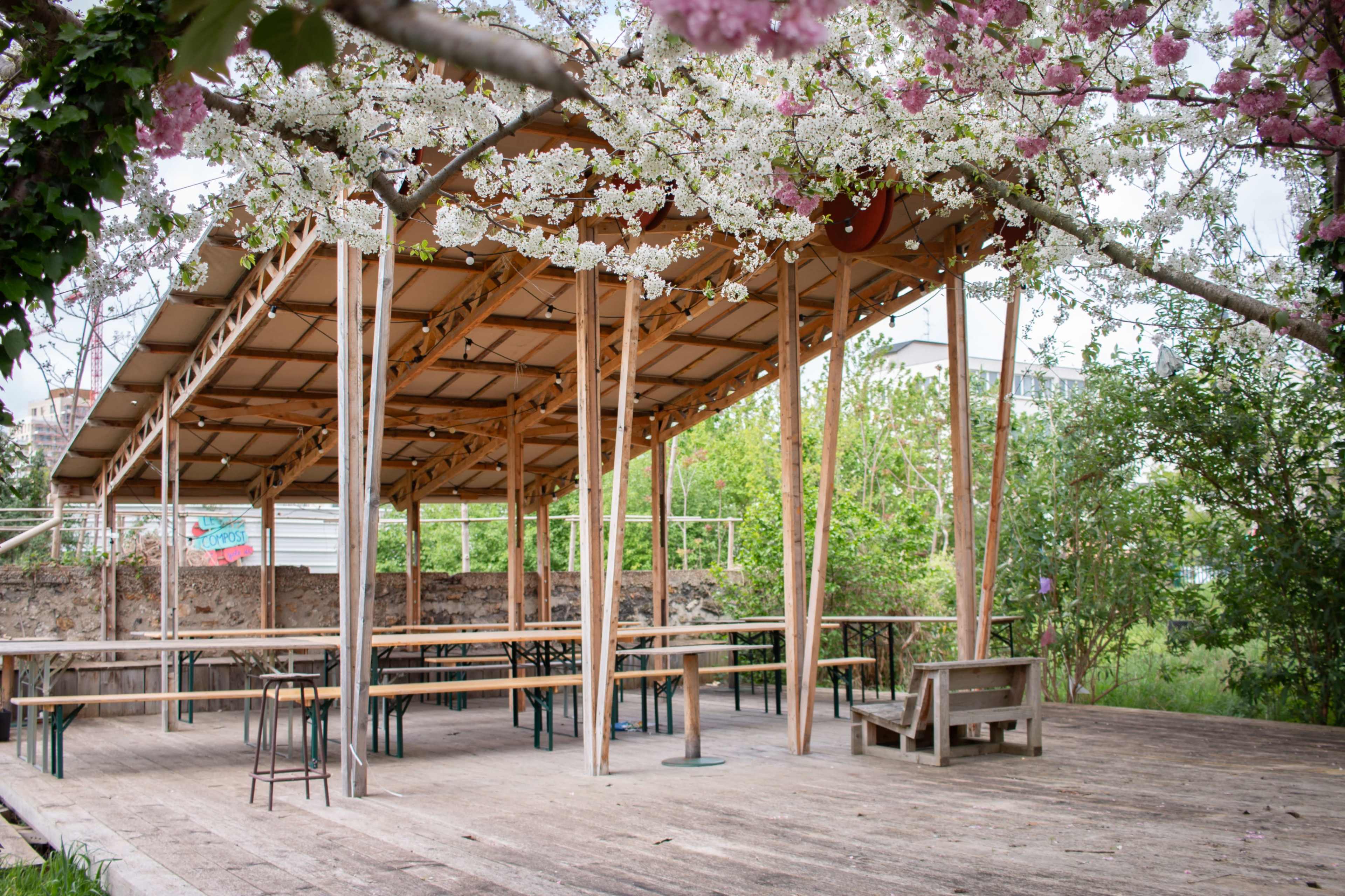 An outdoor pavilion with wooden beams and tables beneath flowering trees.