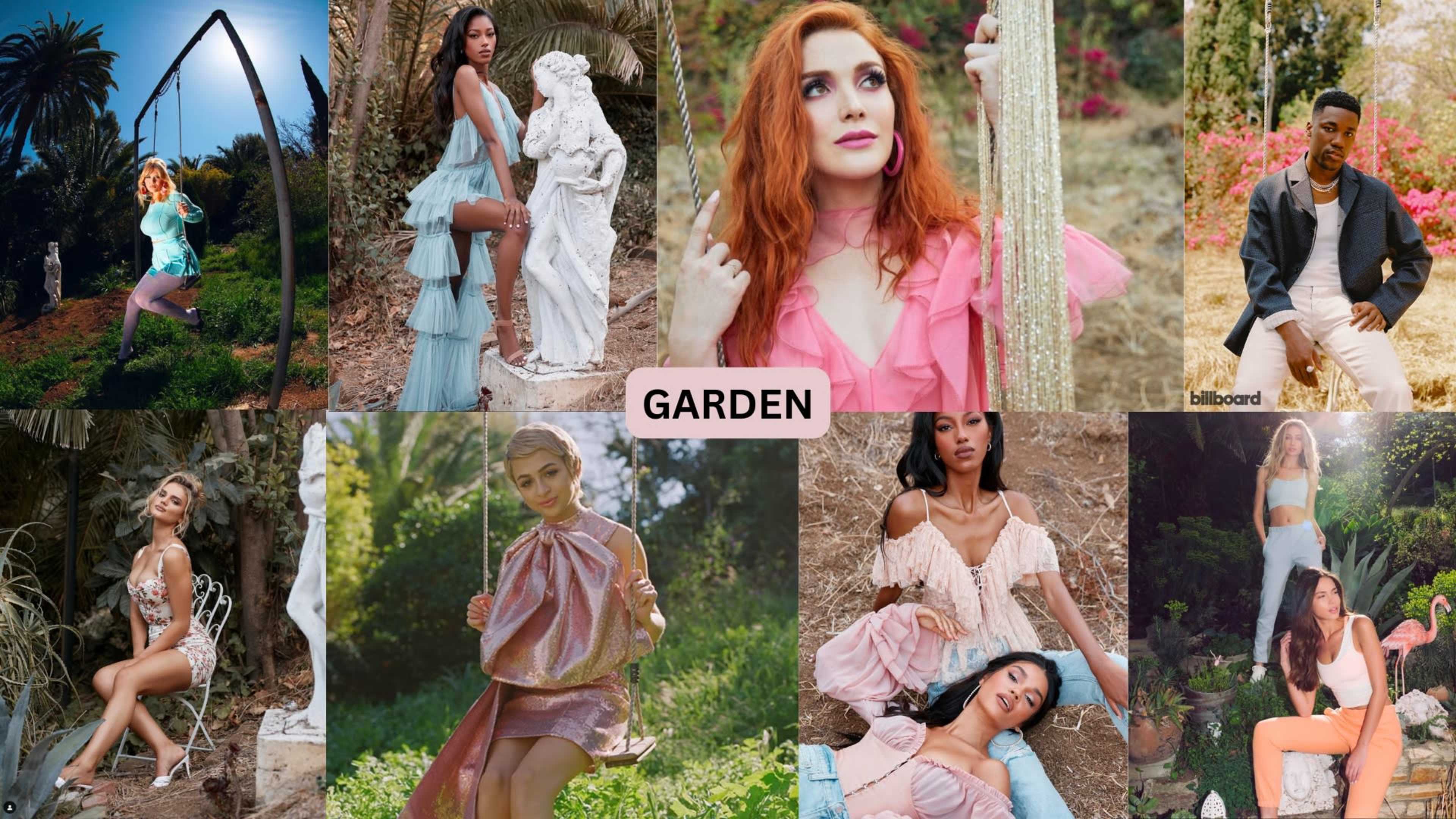 The image features a collage of fashion photos in a garden setting, showcasing individuals posed among greenery and sculptures in various stylish outfits.