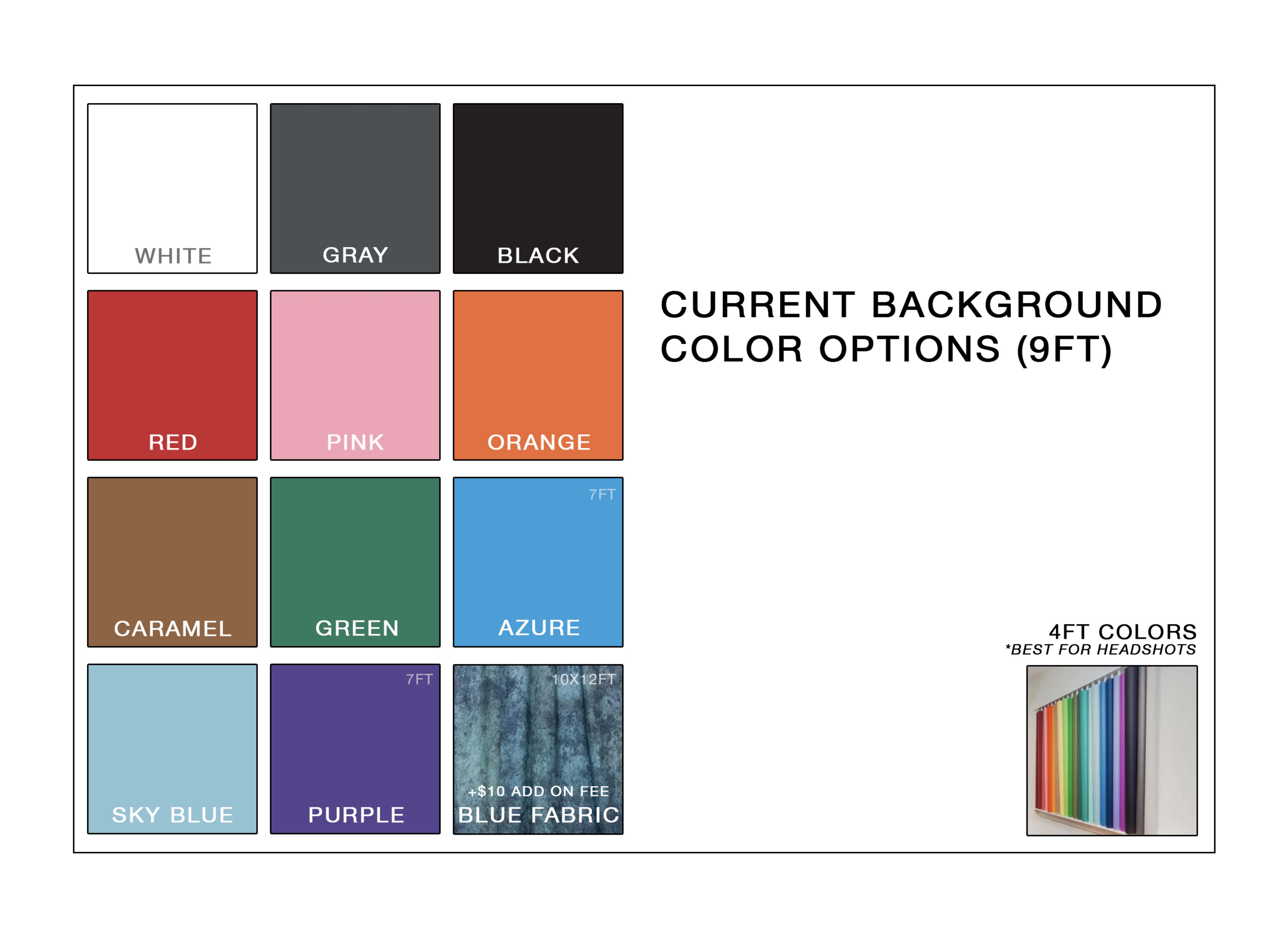 The image displays a color palette featuring 12 background color options for photography, including white, gray, black, red, pink, orange, caramel, green, azure, sky blue, purple, and blue, with a note indicating which colors are best for headshots.
