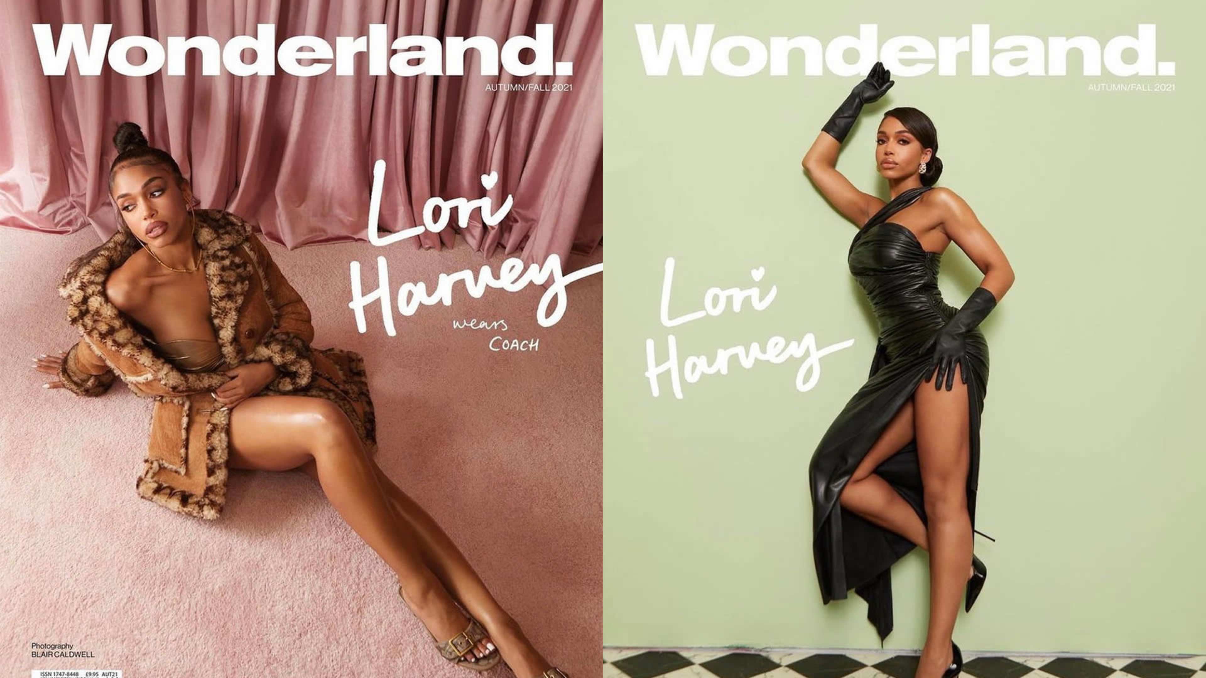 Two magazine covers of "Wonderland," both showcasing Lori Harvey in stylish outfits against contrasting backgrounds.